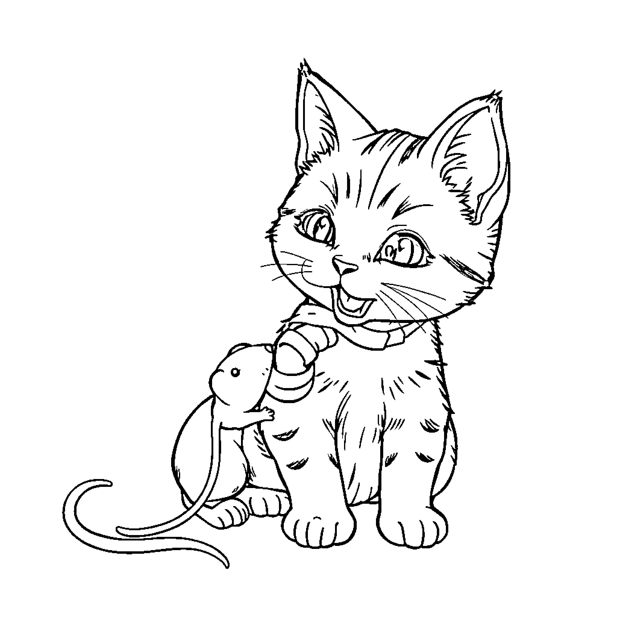 Cat playing with a mouse Coloring Page (free black-and-white line drawing printable PDF for all, from beginners to advanced learners, including children, teens, adults, and seniors)