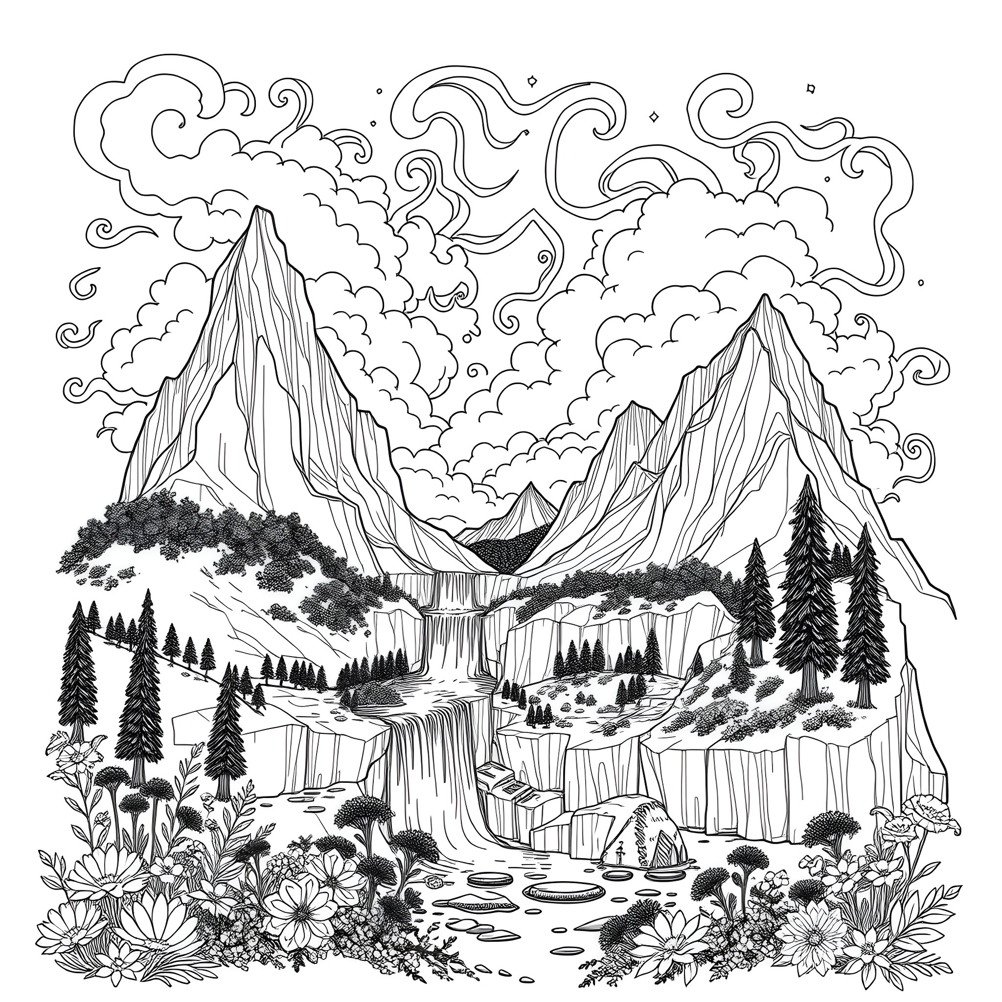 Nature's Enchanting Landscape Coloring Page (free black-and-white line drawing printable PDF for all, from beginners to advanced learners, including children, teens, adults, and seniors)