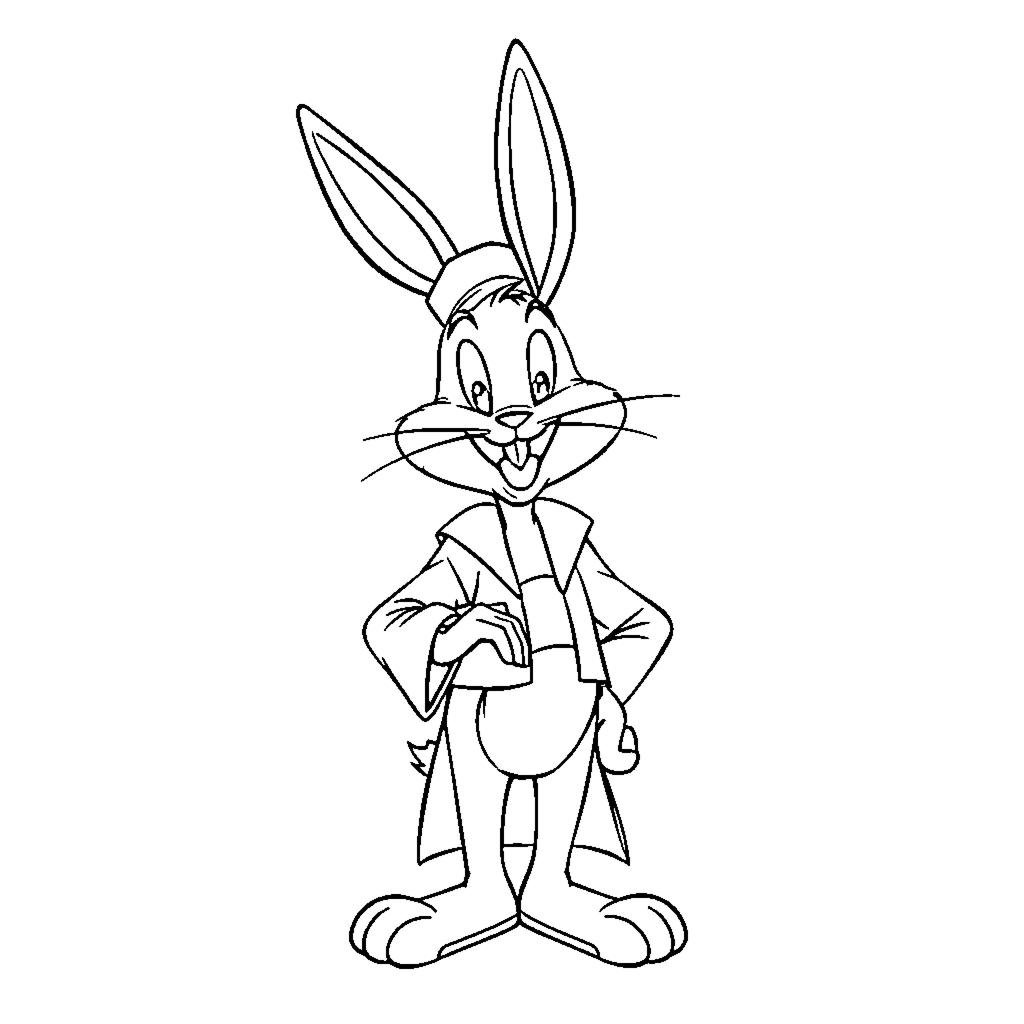 Bugs Bunny in his iconic pose Coloring Page (free black-and-white line drawing printable PDF for all, from beginners to advanced learners, including children, teens, adults, and seniors)