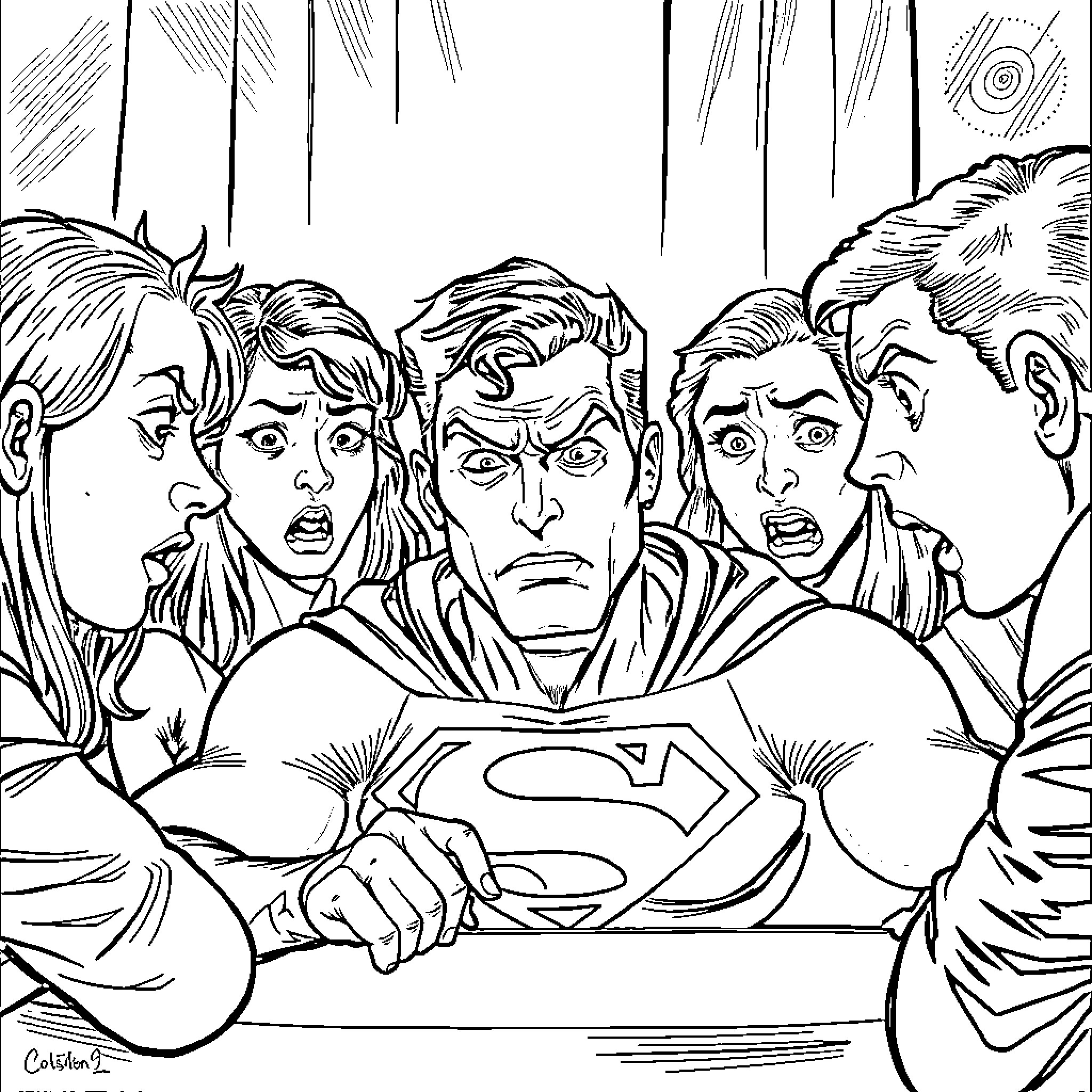 Superman faces adversity with his allies Coloring Page (free black-and-white line drawing printable PDF for all, from beginners to advanced learners, including children, teens, adults, and seniors)