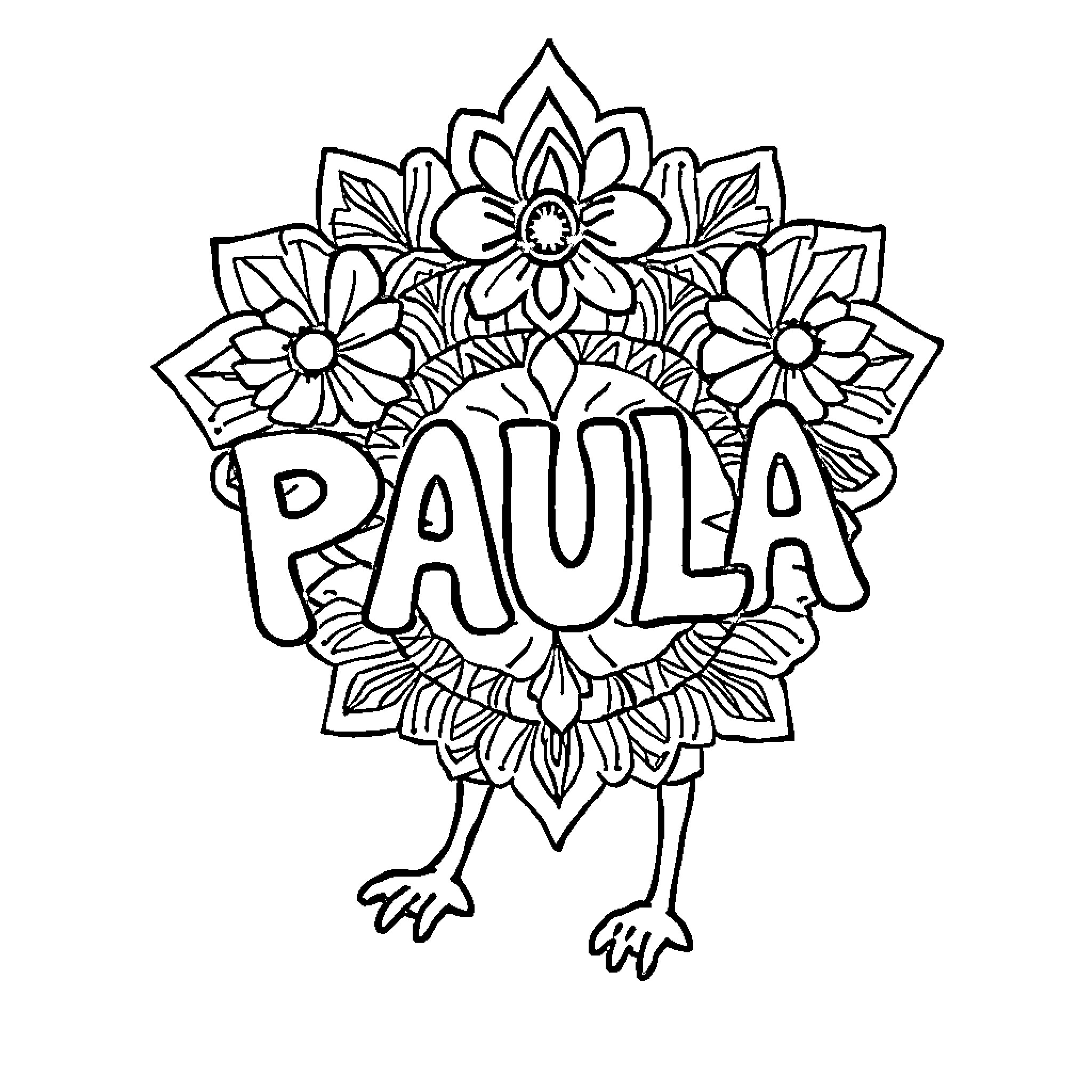 Mandalas with Floral Designs and a Name Coloring Page (free black-and-white line drawing printable PDF for all, from beginners to advanced learners, including children, teens, adults, and seniors)