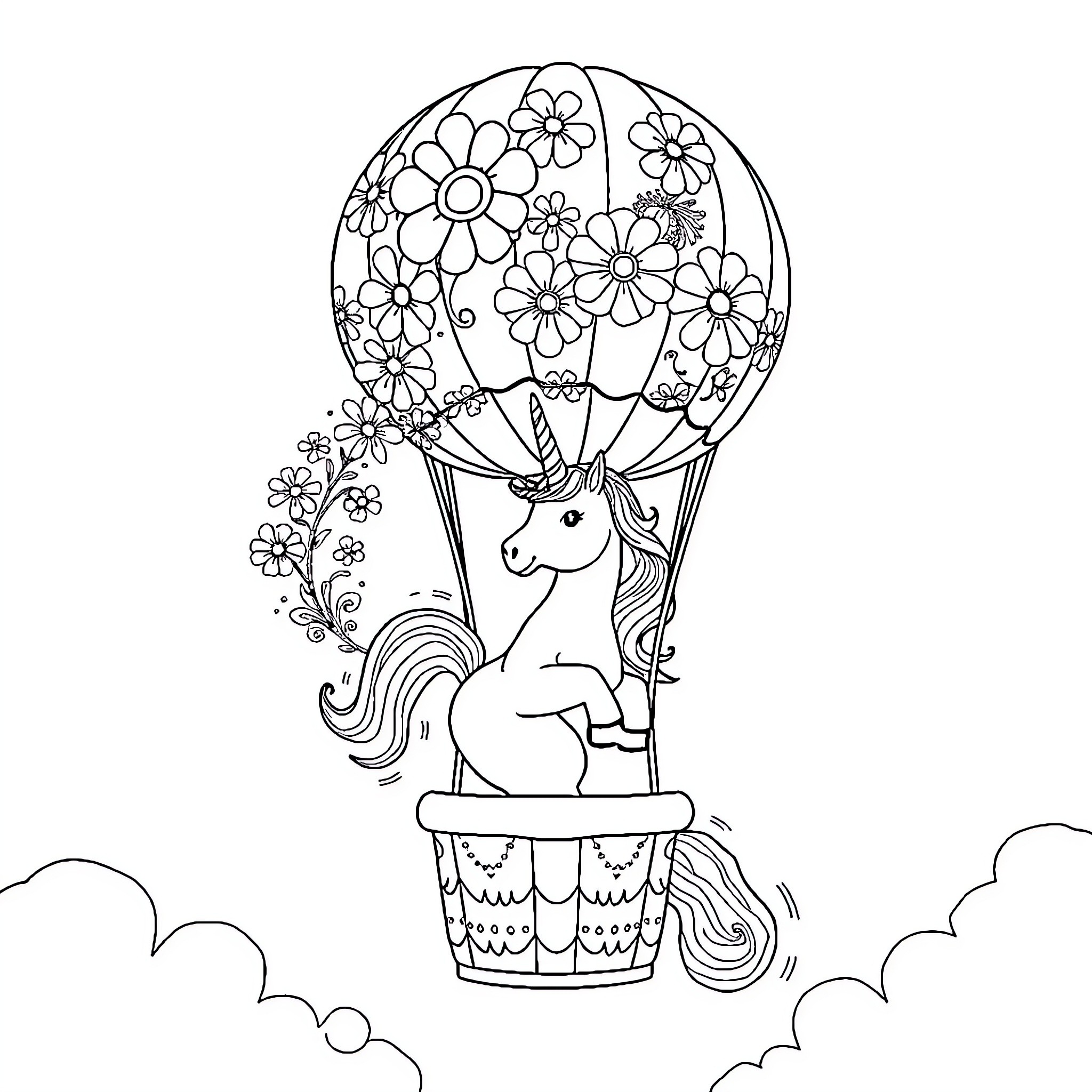 Unicorn Floating in Flower-Adorned Hot Air Balloon Coloring Page (free black-and-white line drawing printable PDF for all, from beginners to advanced learners, including children, teens, adults, and seniors)