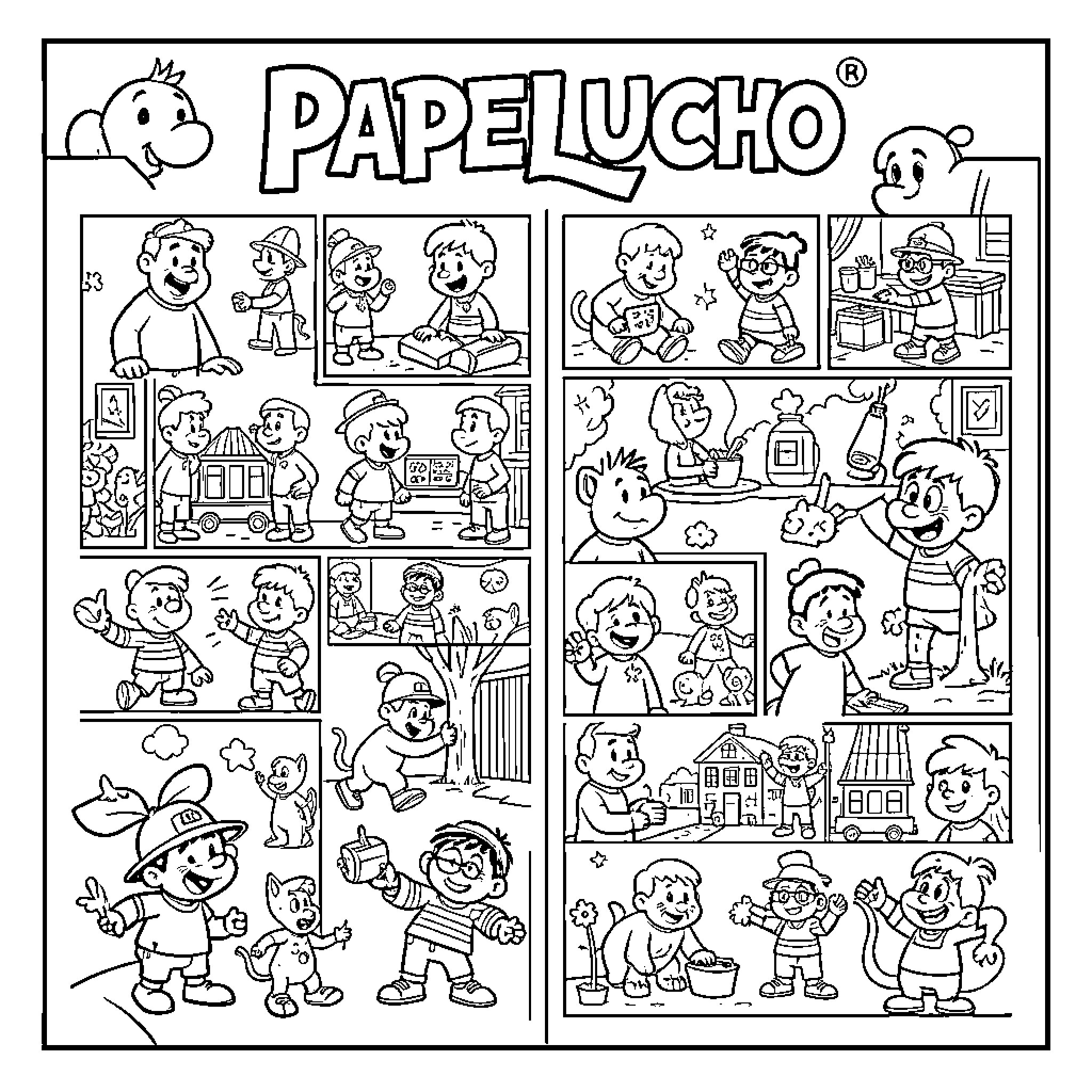 Papelucho's daily adventures and activities Coloring Page (free black-and-white line drawing printable PDF for all, from beginners to advanced learners, including children, teens, adults, and seniors)