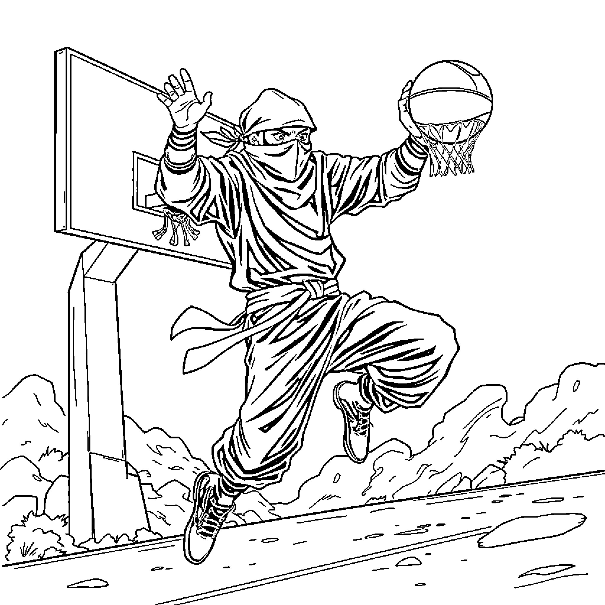 Ninja leaping towards basketball hoop with determination Coloring Page (free black-and-white line drawing printable PDF for all, from beginners to advanced learners, including children, teens, adults, and seniors)