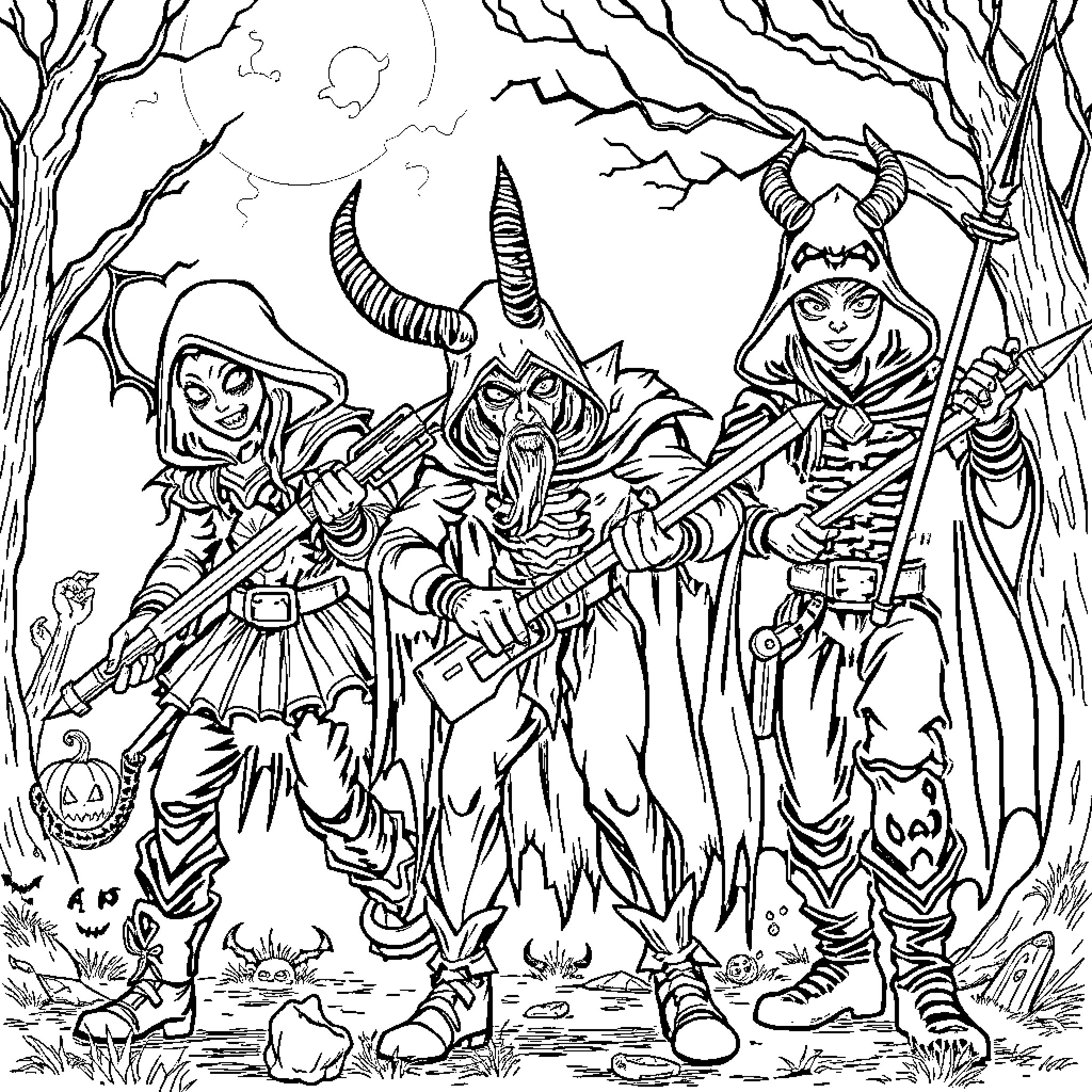 Demon Hunters Wielding Fearsome Weapons in Haunting Woodland Coloring Page (free black-and-white line drawing printable PDF for all, from beginners to advanced learners, including children, teens, adults, and seniors)