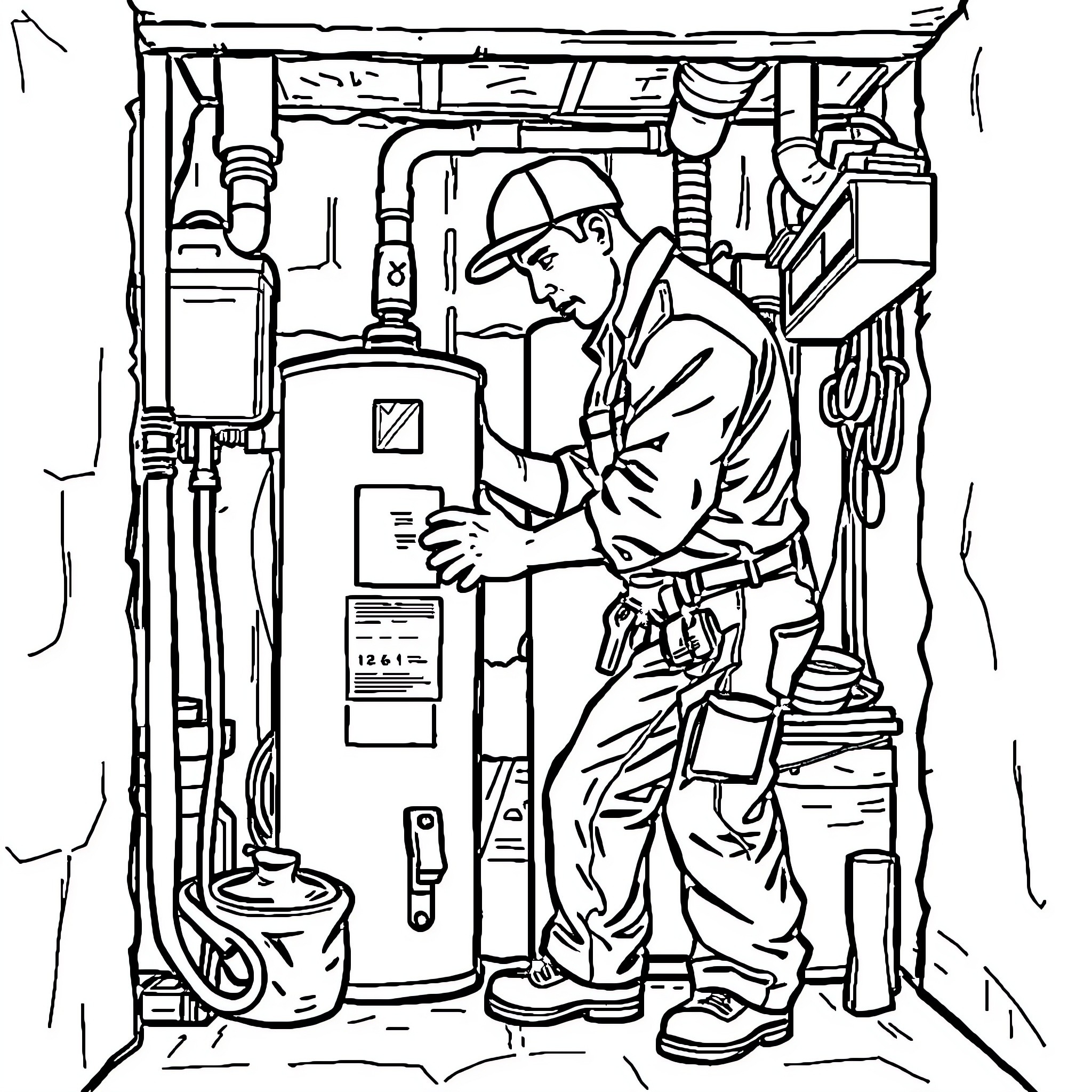 Plumber Repairing Equipment in Utility Room Coloring Page (free black-and-white line drawing printable PDF for all, from beginners to advanced learners, including children, teens, adults, and seniors)