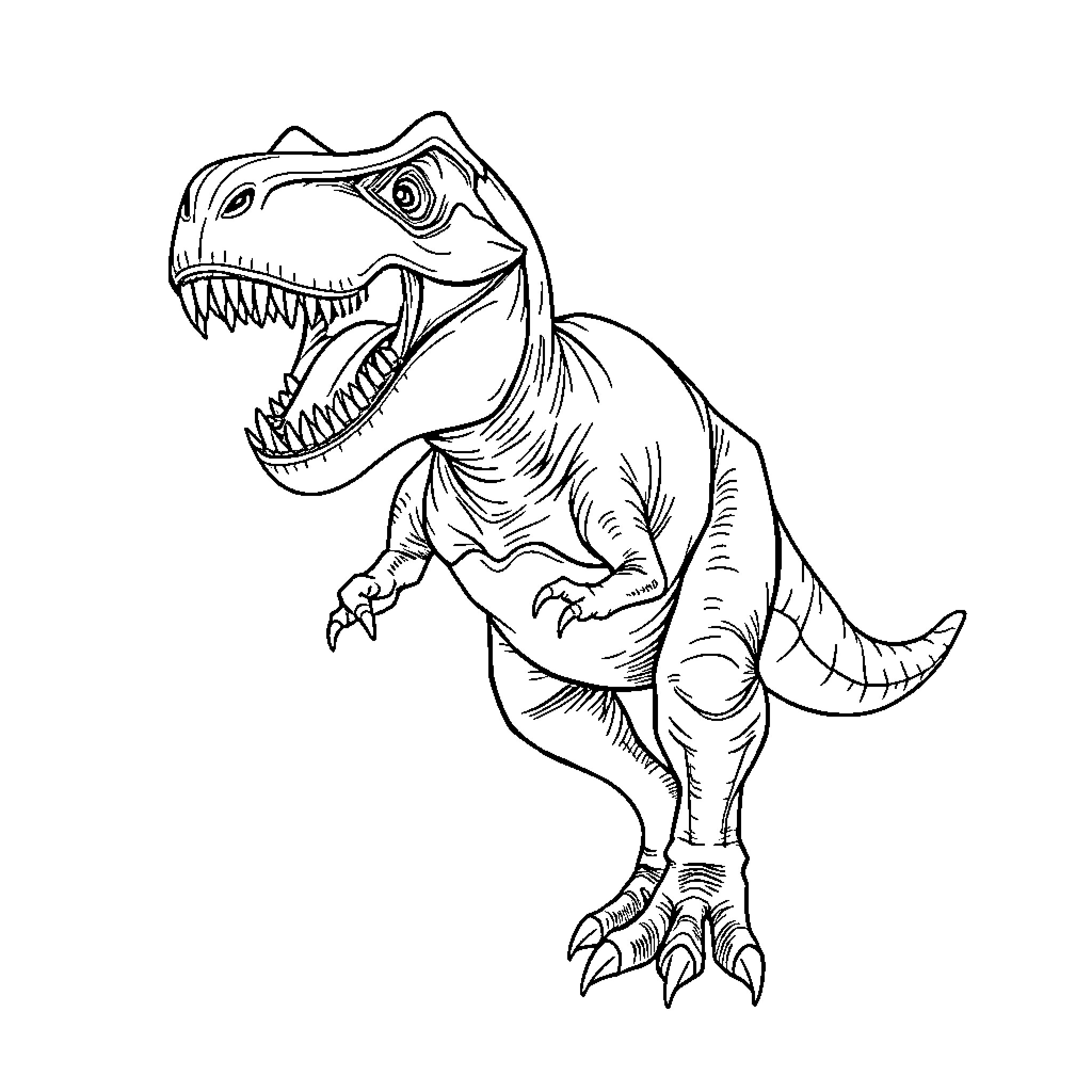 T-Rex Ferociously Roaring in Black and White Coloring Page (free black-and-white line drawing printable PDF for all, from beginners to advanced learners, including children, teens, adults, and seniors)