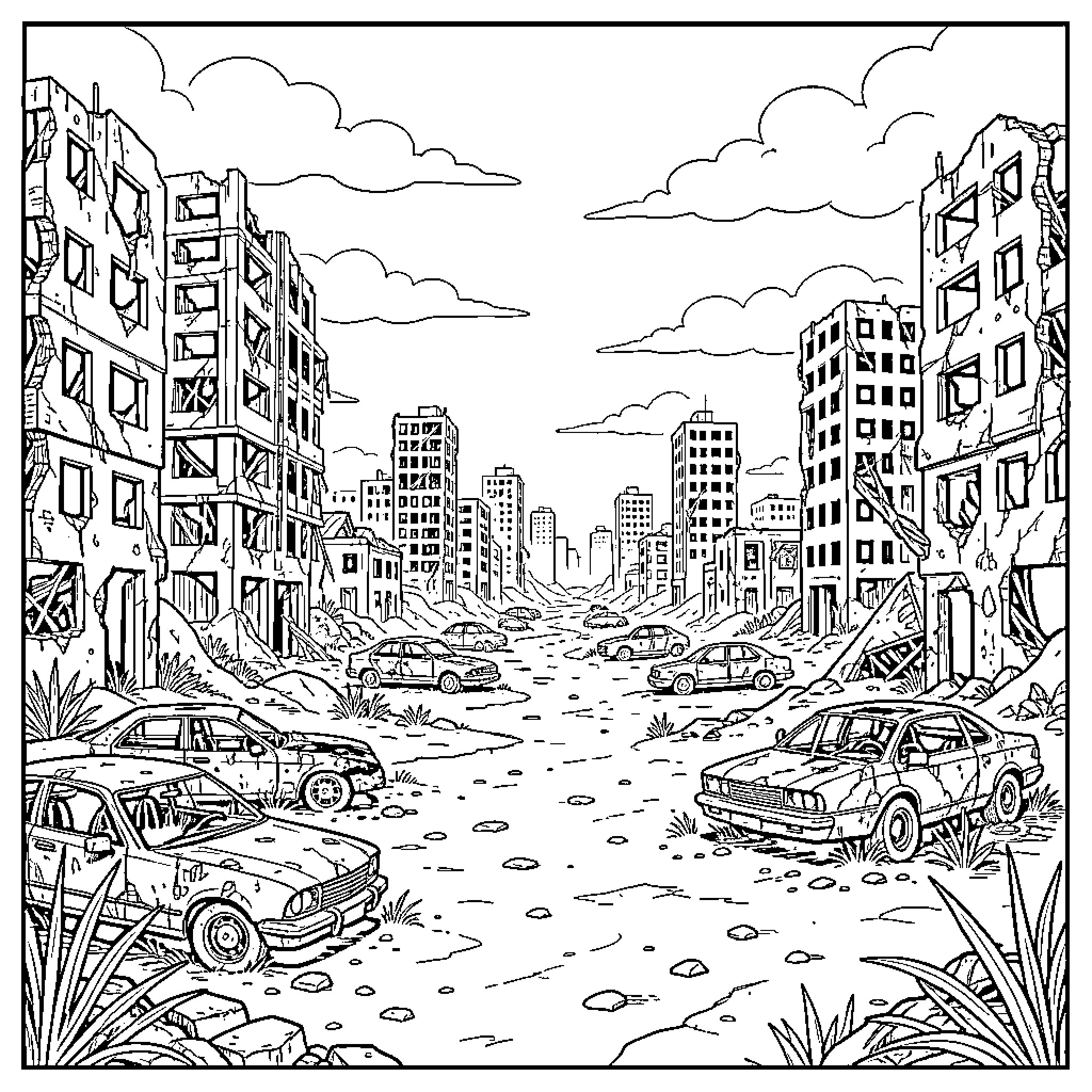 Fallout in the Ruined City Coloring Page (free black-and-white line drawing printable PDF for all, from beginners to advanced learners, including children, teens, adults, and seniors)