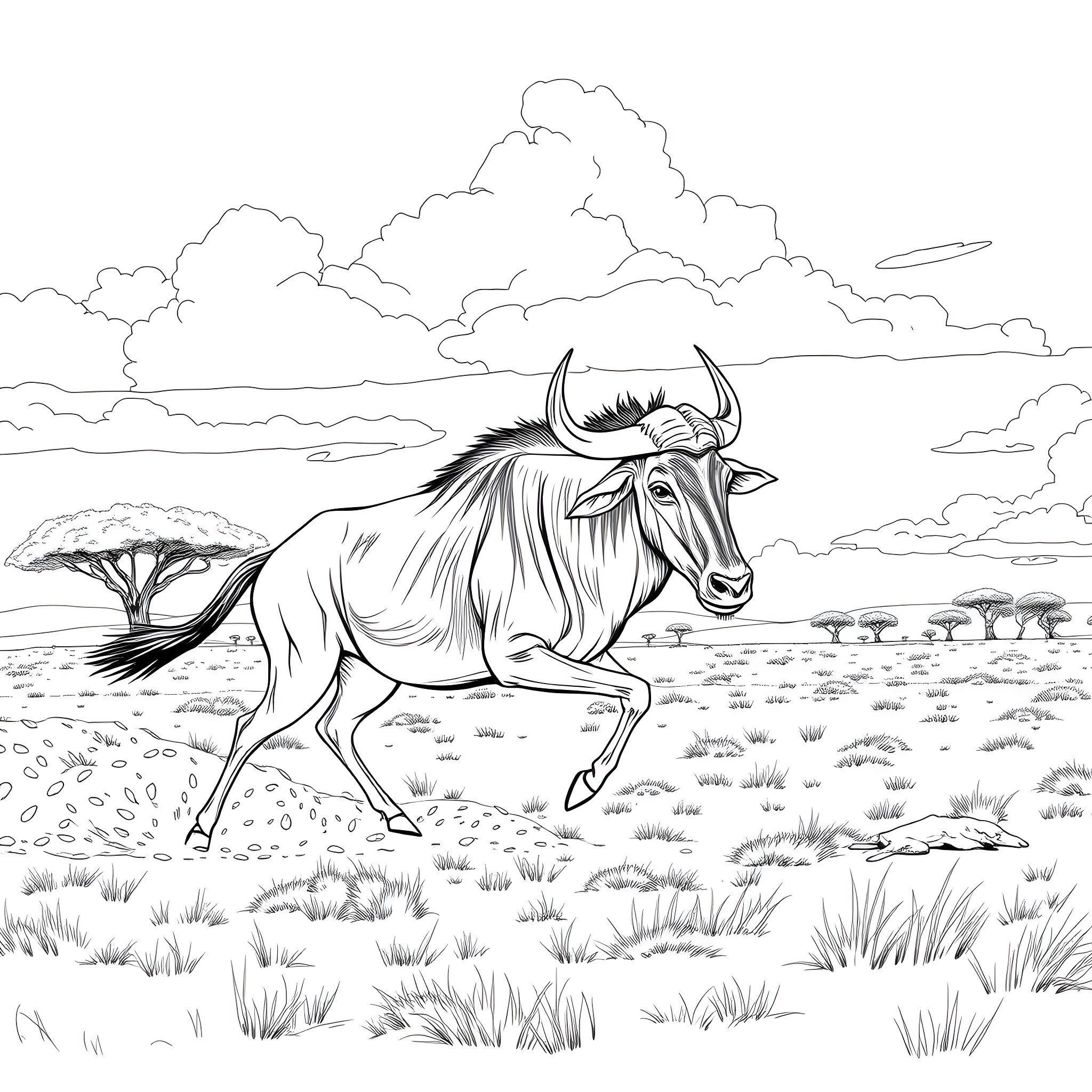 Wildebeest running through the savanna landscape Coloring Page (free black-and-white line drawing printable PDF for all, from beginners to advanced learners, including children, teens, adults, and seniors)