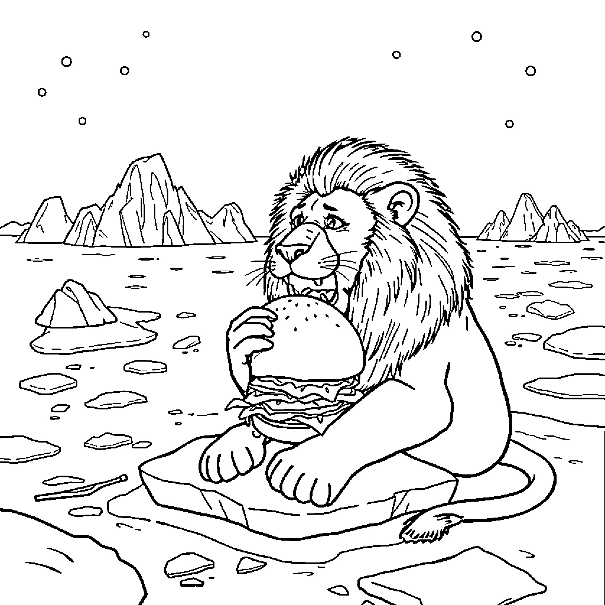 Lion enjoying a tasty meal in the desert landscape Coloring Page (free black-and-white line drawing printable PDF for all, from beginners to advanced learners, including children, teens, adults, and seniors)