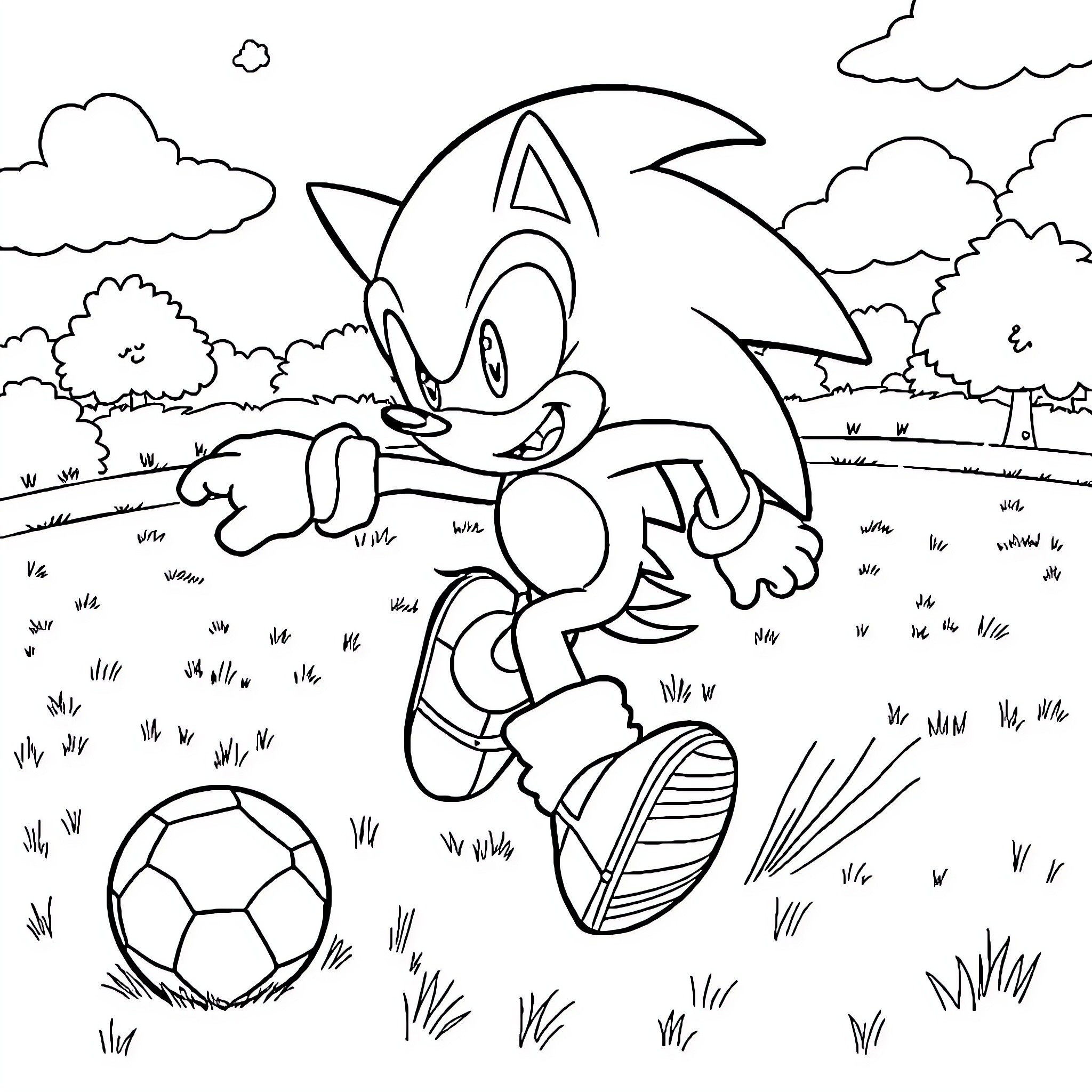 Sonic running with a soccer ball in the park Coloring Page (free black-and-white line drawing printable PDF for all, from beginners to advanced learners, including children, teens, adults, and seniors)