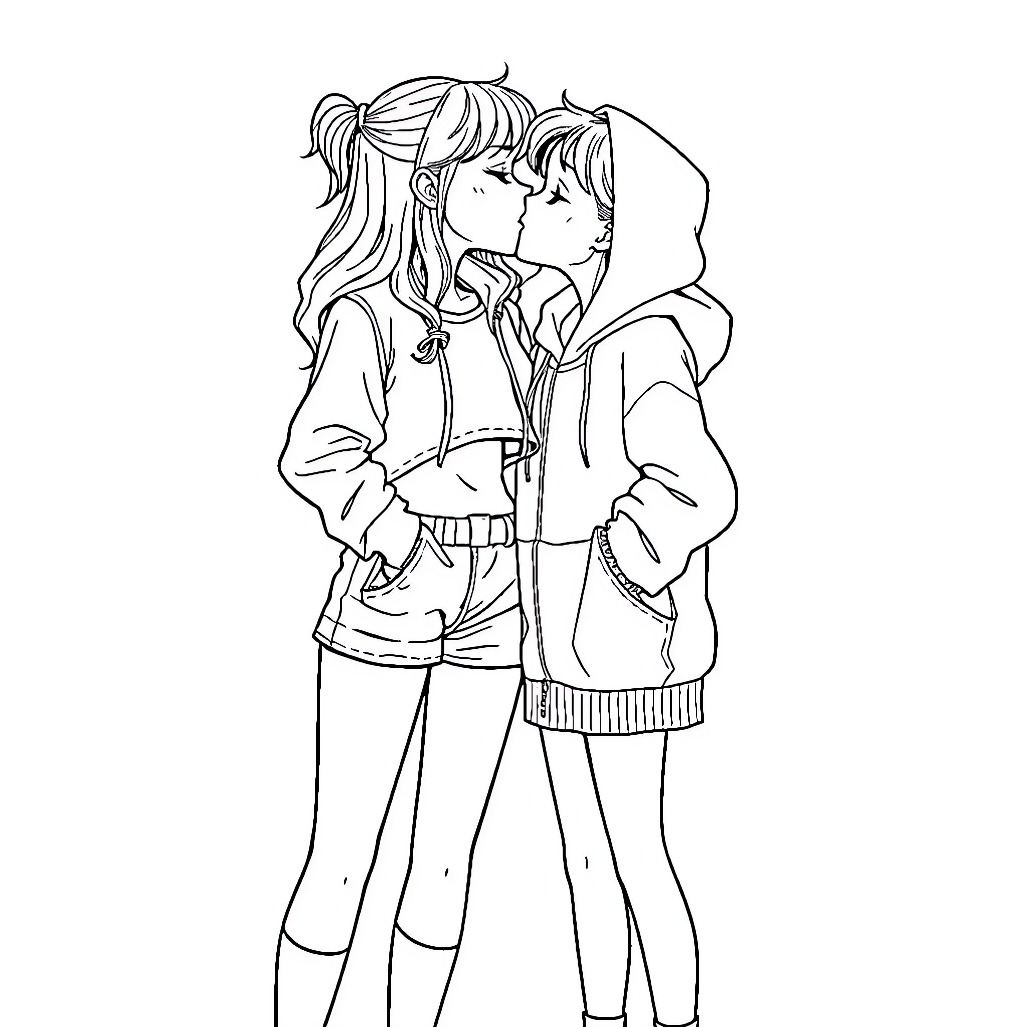 Girl Embracing Affectionately with Companion Coloring Page (free black-and-white line drawing printable PDF for all, from beginners to advanced learners, including children, teens, adults, and seniors)