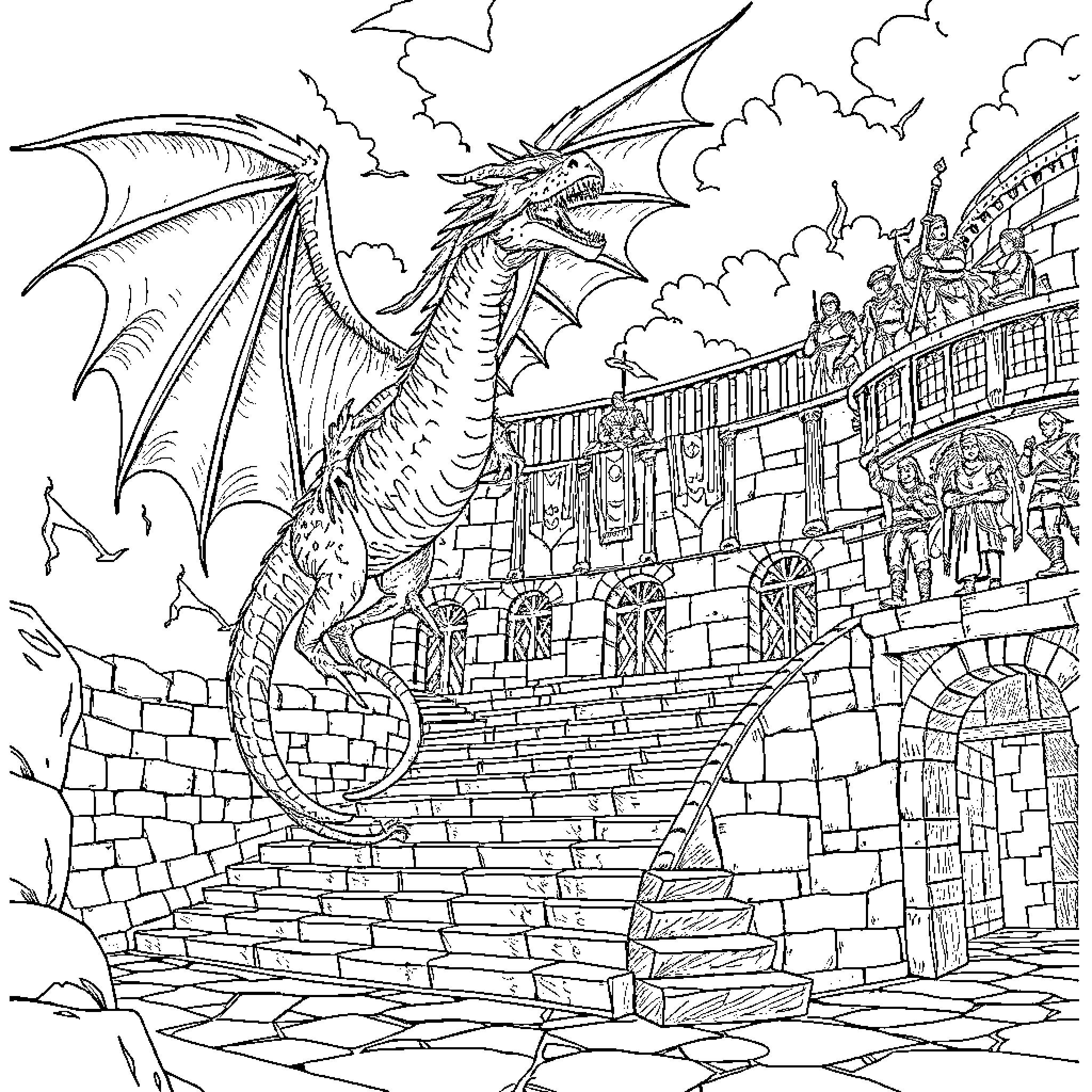 Dragon Defending its Lair on a Towering Castle Coloring Page (free black-and-white line drawing printable PDF for all, from beginners to advanced learners, including children, teens, adults, and seniors)