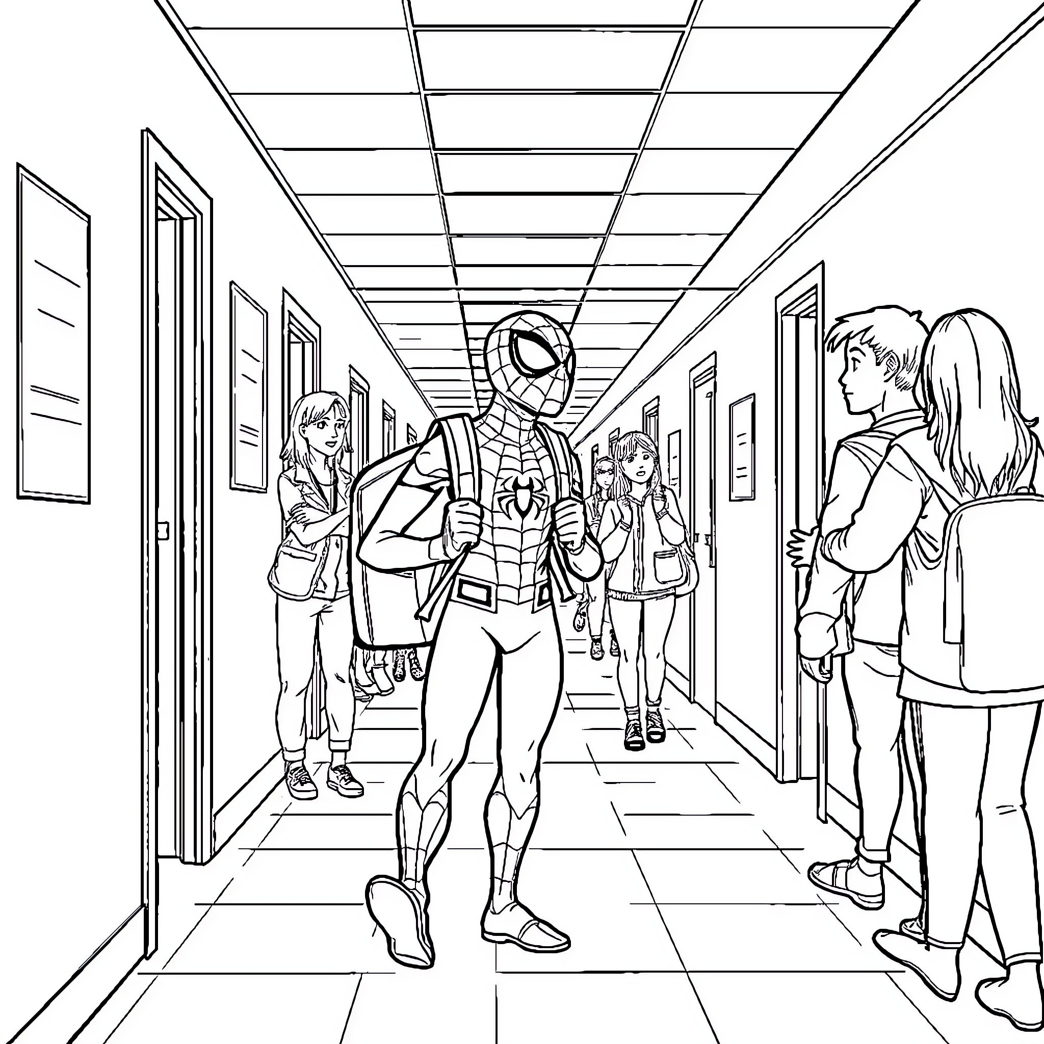 Spiderman swings through school hallway with students Coloring Page (free black-and-white line drawing printable PDF for all, from beginners to advanced learners, including children, teens, adults, and seniors)