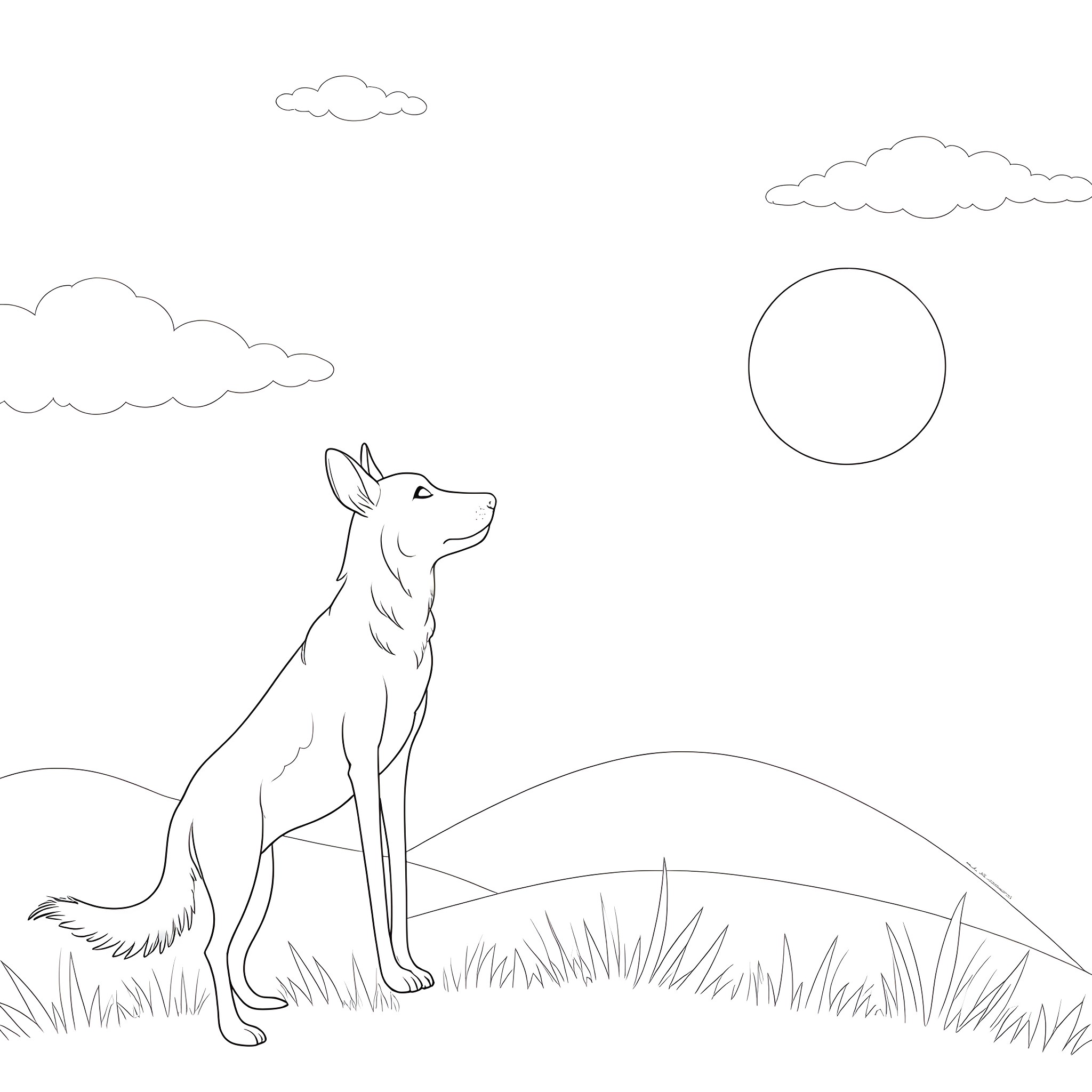 German Shepherd gazing at the serene landscape Coloring Page (free black-and-white line drawing printable PDF for all, from beginners to advanced learners, including children, teens, adults, and seniors)