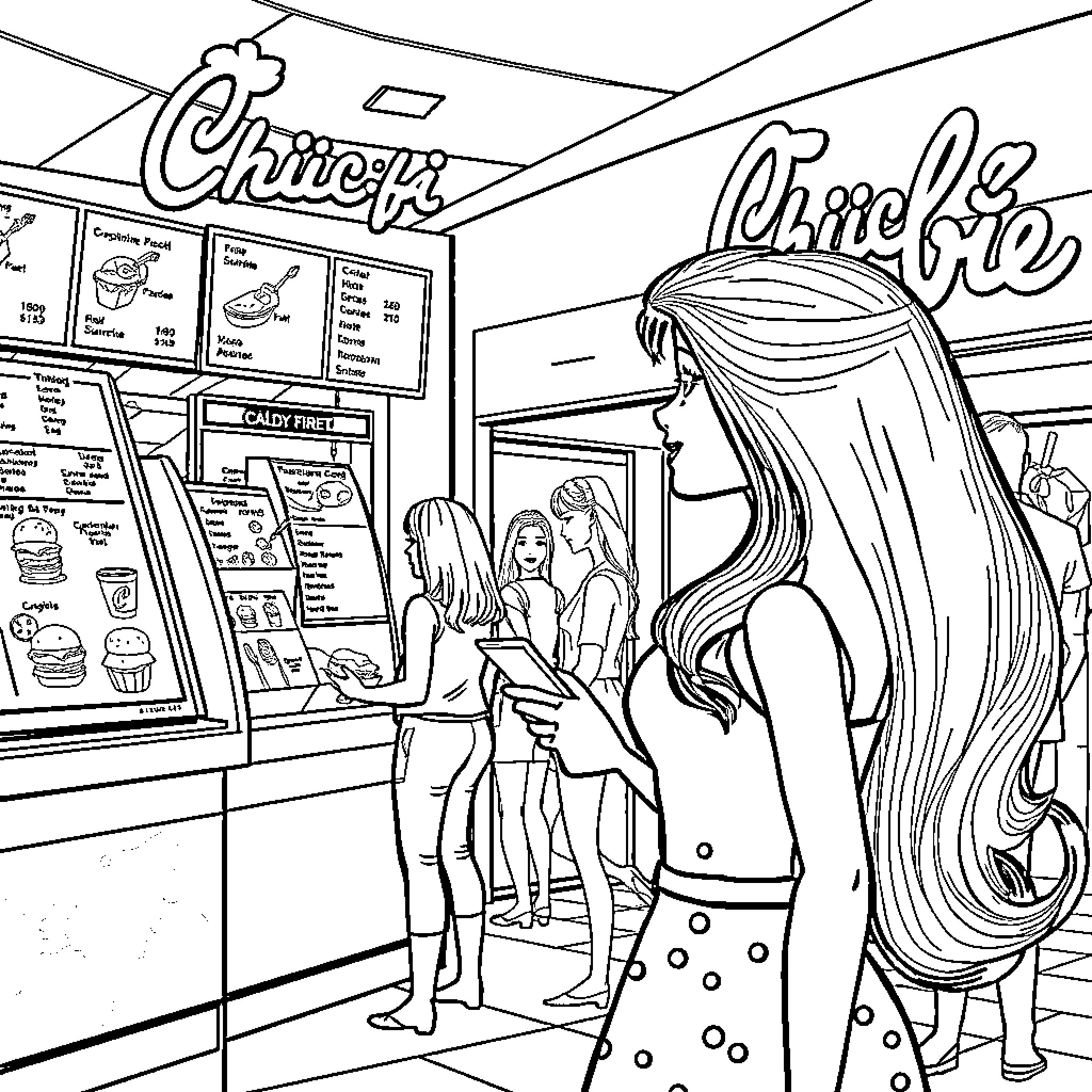 Barbie Shopping with Friends at the Convenience Store Coloring Page (free black-and-white line drawing printable PDF for all, from beginners to advanced learners, including children, teens, adults, and seniors)
