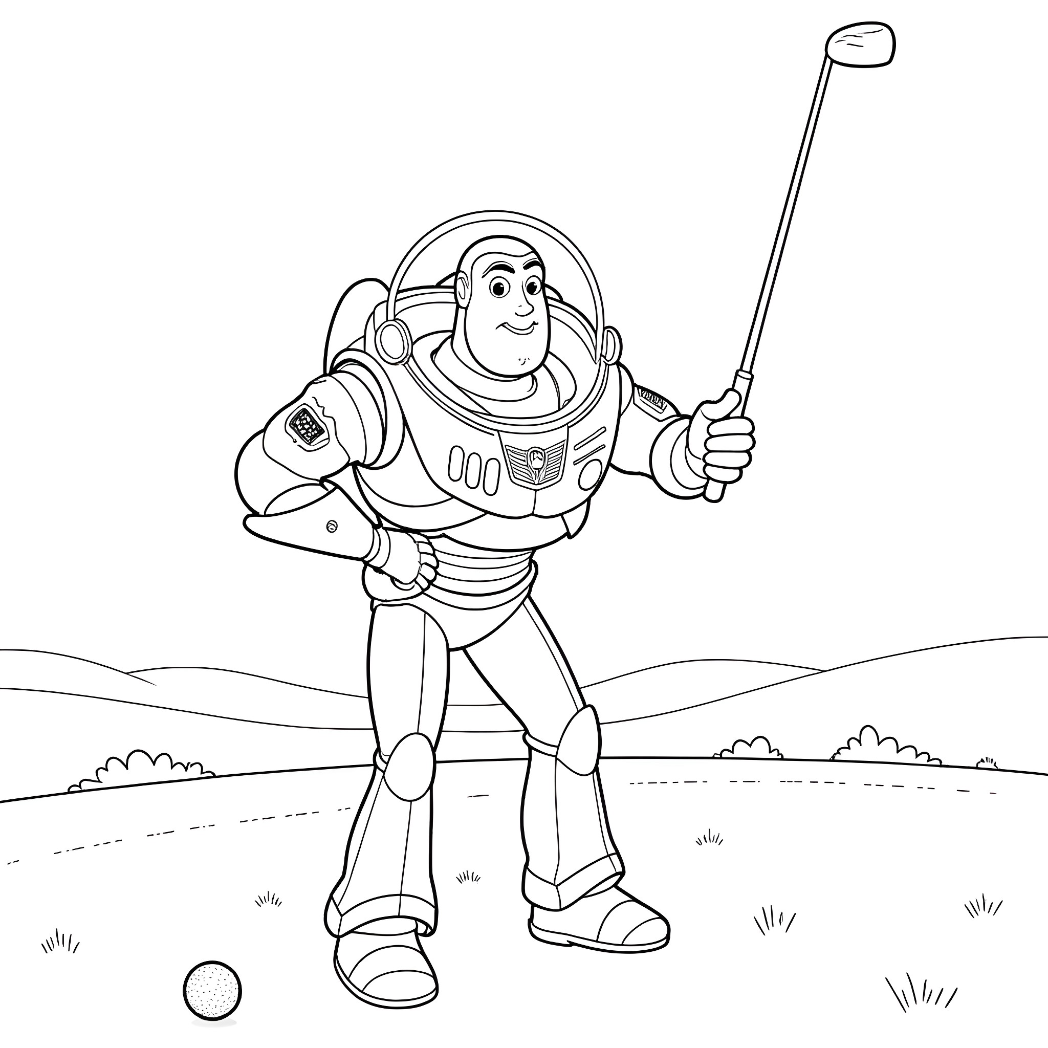 Buzz Lightyear playing space golf on the moon Coloring Page (free black-and-white line drawing printable PDF for all, from beginners to advanced learners, including children, teens, adults, and seniors)