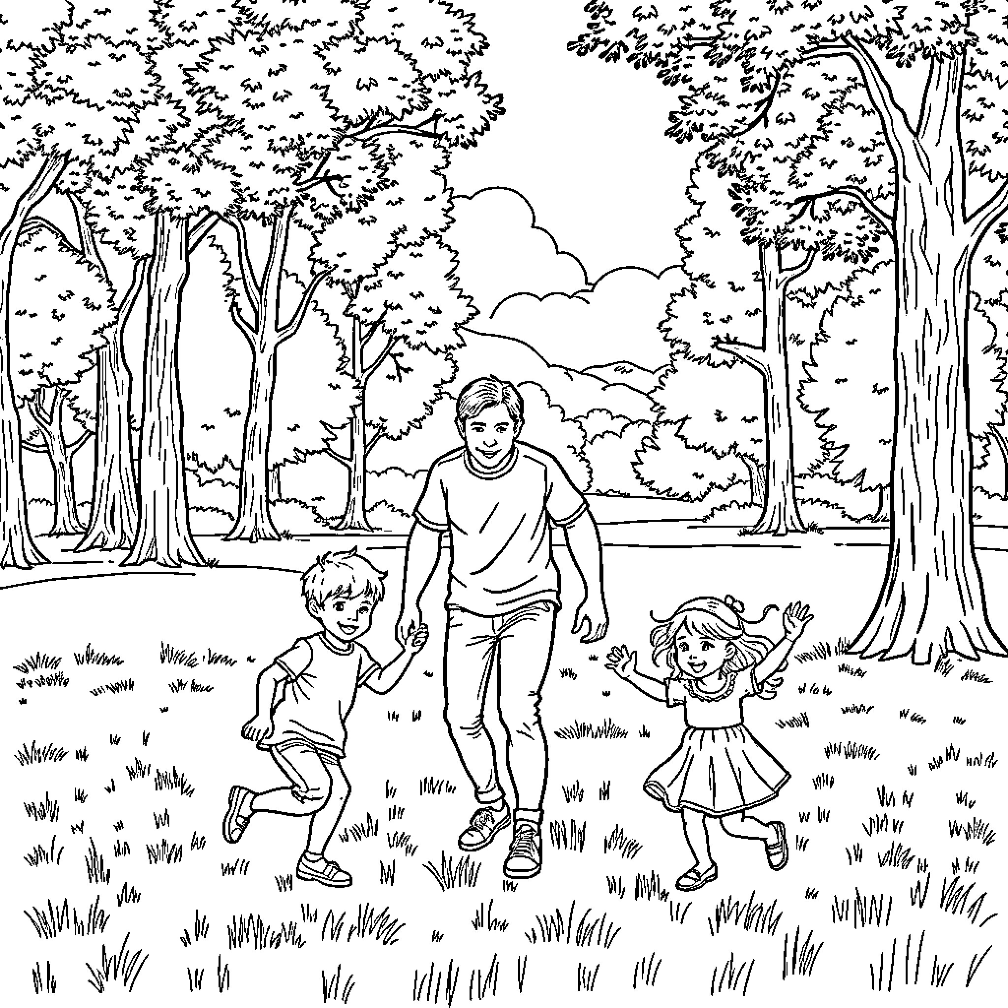 Man enjoying outdoor activity with children in the park Coloring Page (free black-and-white line drawing printable PDF for all, from beginners to advanced learners, including children, teens, adults, and seniors)