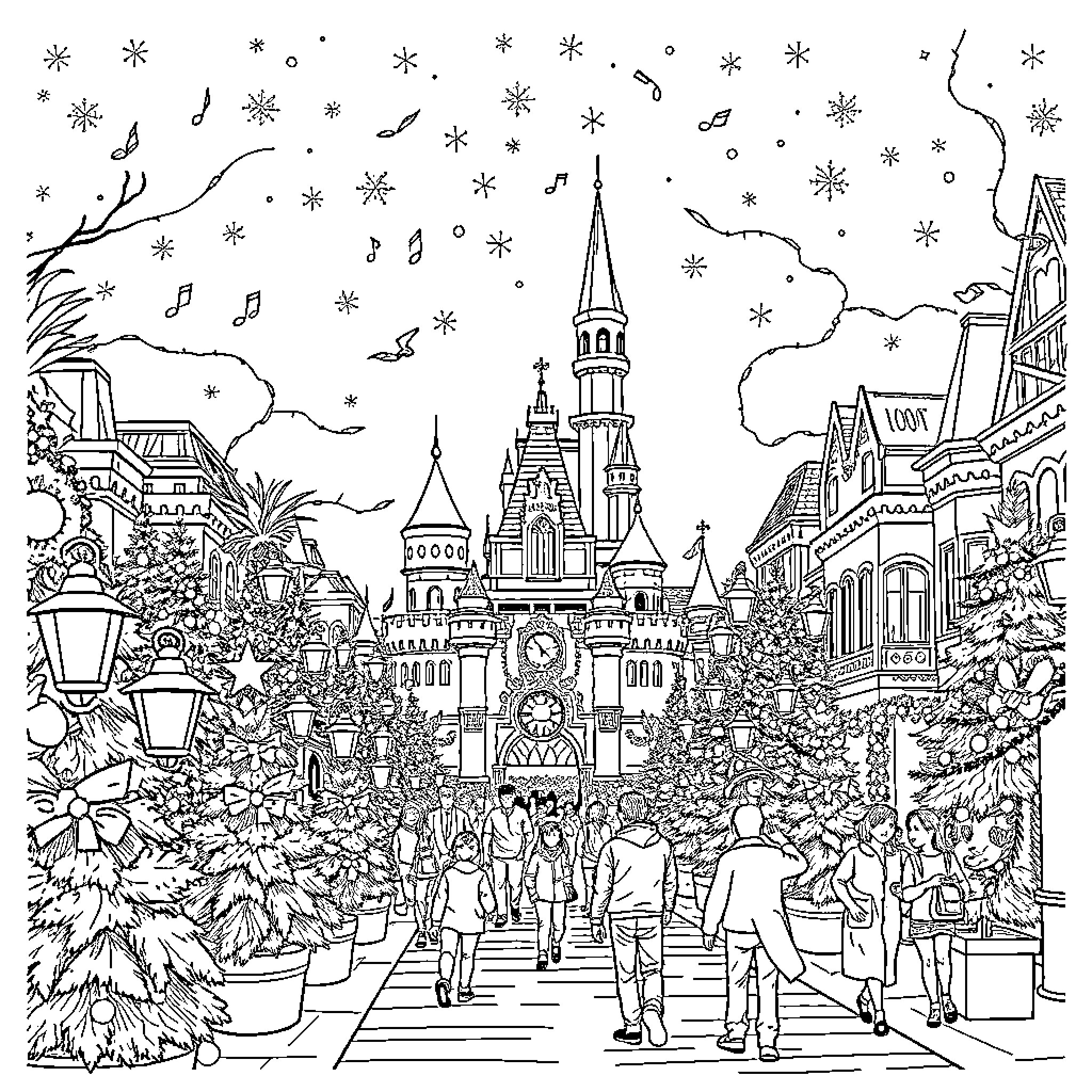 Disneyland's Magical Winter Wonderland Coloring Page (free black-and-white line drawing printable PDF for all, from beginners to advanced learners, including children, teens, adults, and seniors)