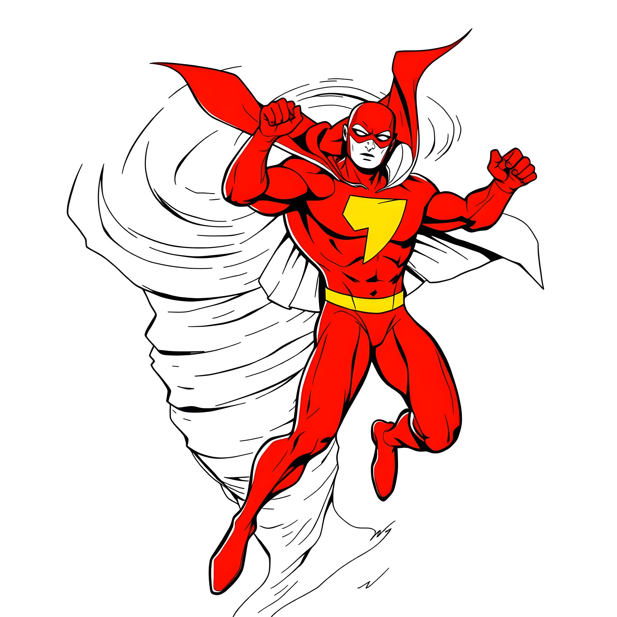 Red Tornado heroically soaring through the air Coloring Page (free black-and-white line drawing printable PDF for all, from beginners to advanced learners, including children, teens, adults, and seniors)