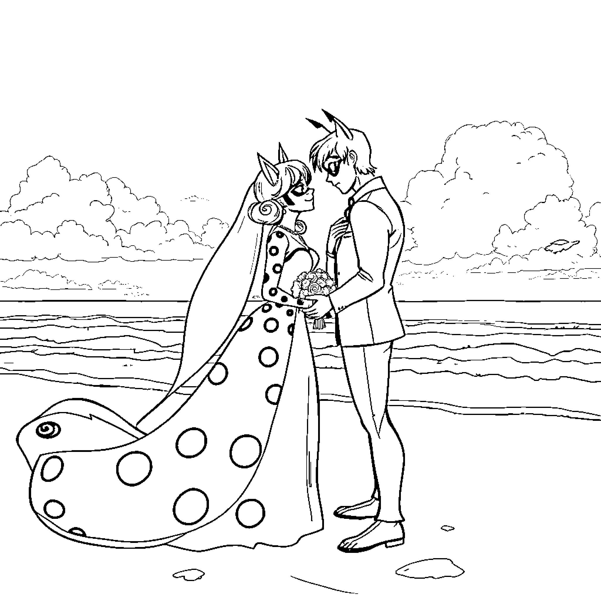 Ladybug-themed couple embracing on the beach Coloring Page (free black-and-white line drawing printable PDF for all, from beginners to advanced learners, including children, teens, adults, and seniors)