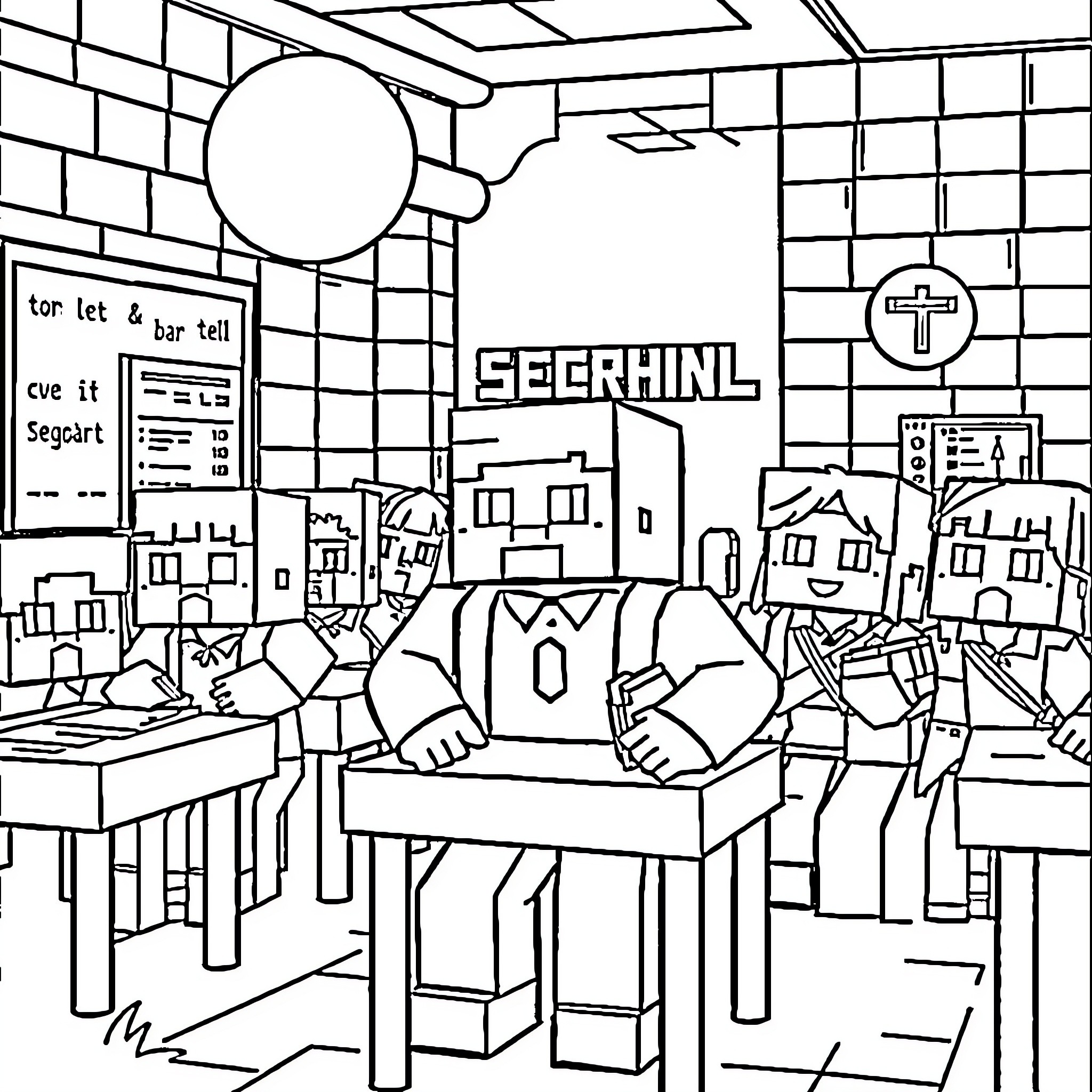 Minecraft characters in a school classroom setting Coloring Page (free black-and-white line drawing printable PDF for all, from beginners to advanced learners, including children, teens, adults, and seniors)