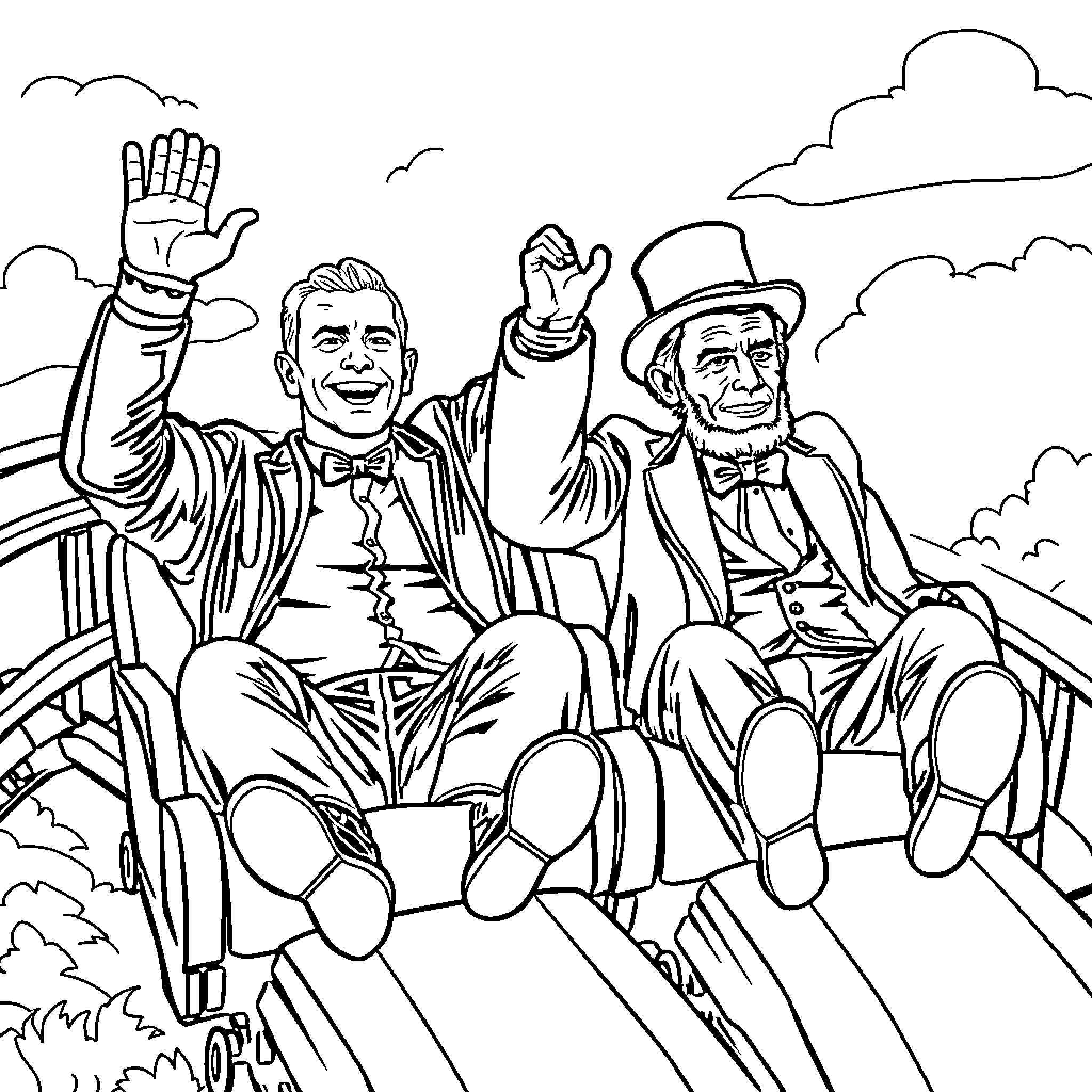 John Cena and Abraham Lincoln riding a rollercoaster Coloring Page (free black-and-white line drawing printable PDF for all, from beginners to advanced learners, including children, teens, adults, and seniors)