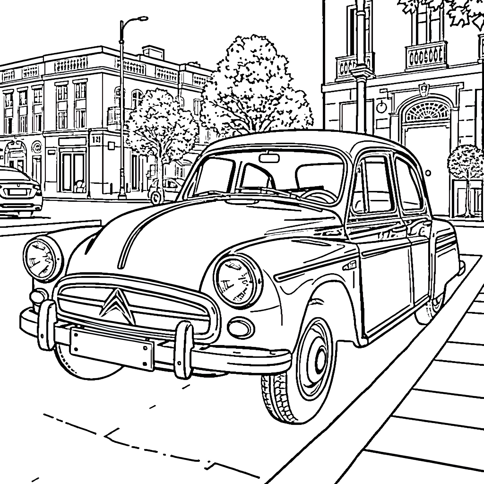 Citroen vintage car on city street Coloring Page (free black-and-white line drawing printable PDF for all, from beginners to advanced learners, including children, teens, adults, and seniors)