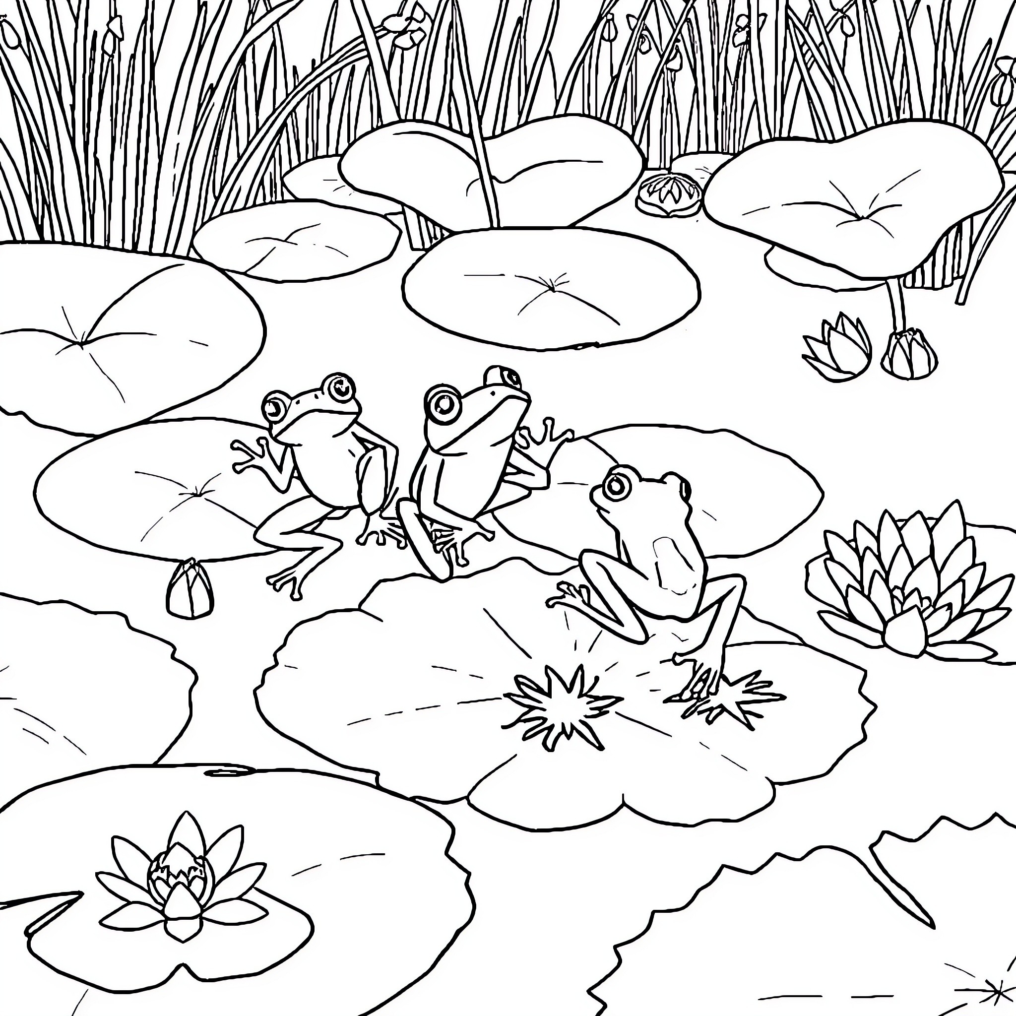 Frogs playing among lily pads in the pond Coloring Page (free black-and-white line drawing printable PDF for all, from beginners to advanced learners, including children, teens, adults, and seniors)