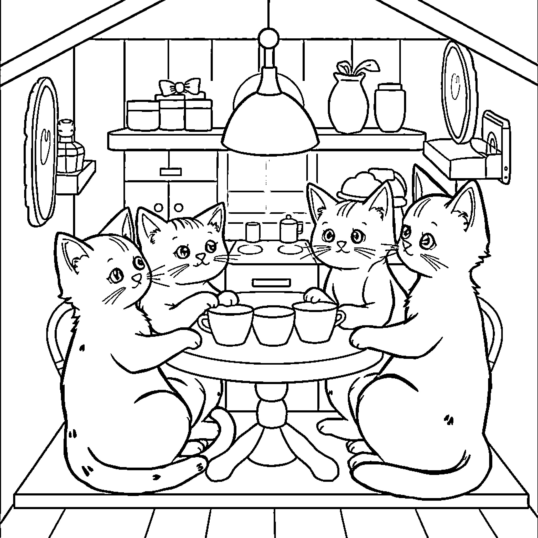 Cats Enjoying a Cozy Kitchen Scene Coloring Page (free black-and-white line drawing printable PDF for all, from beginners to advanced learners, including children, teens, adults, and seniors)