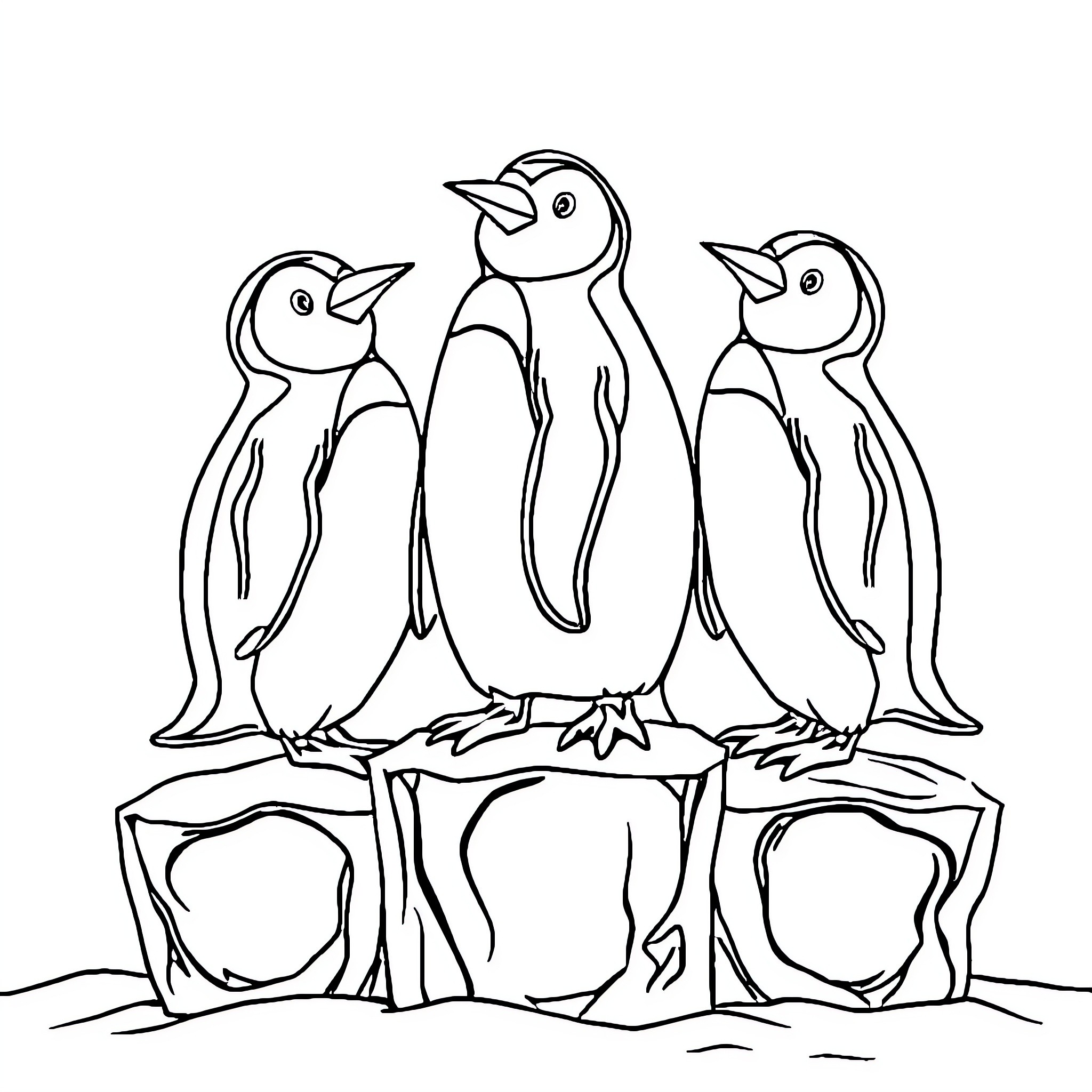 Penguin family standing together on ice Coloring Page (free black-and-white line drawing printable PDF for all, from beginners to advanced learners, including children, teens, adults, and seniors)