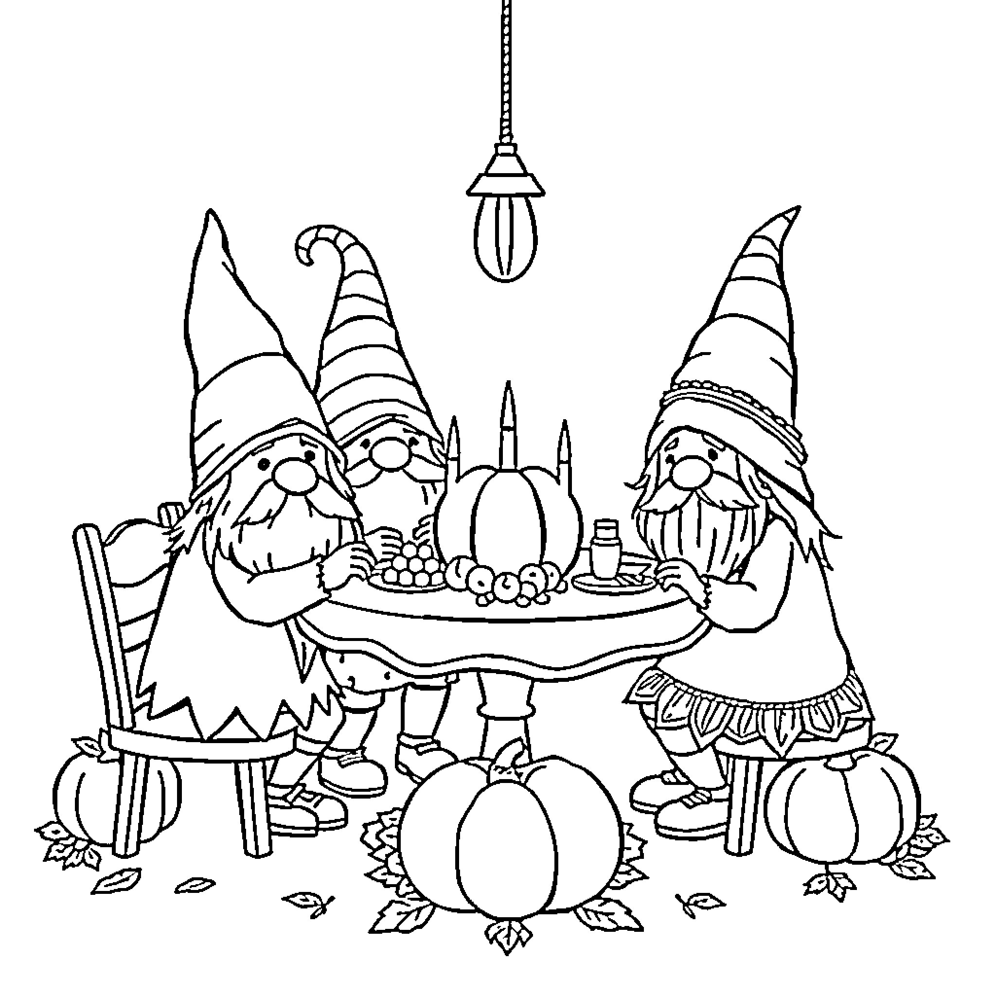 Gnomes Gathering Around Autumn Feast Coloring Page (free black-and-white line drawing printable PDF for all, from beginners to advanced learners, including children, teens, adults, and seniors)
