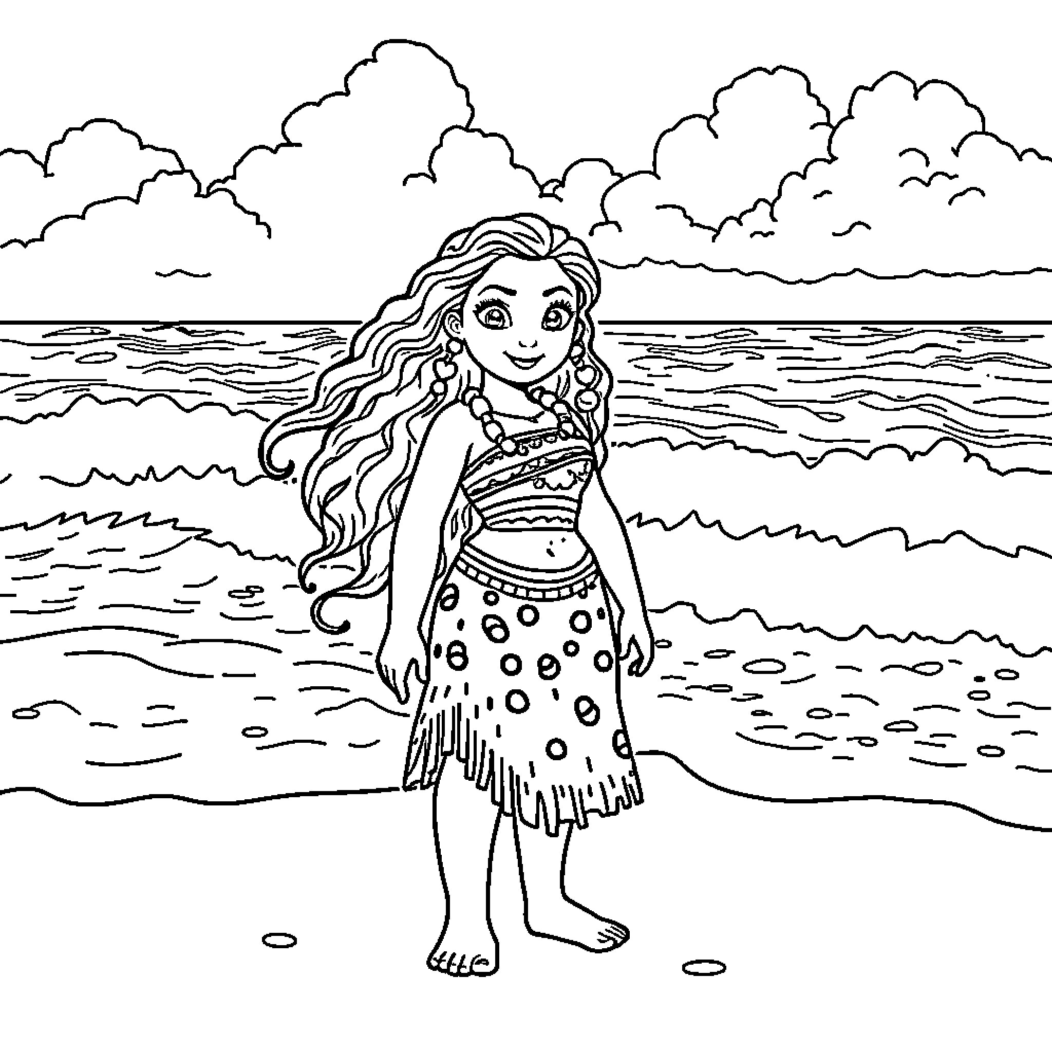 Moana enjoying the ocean waves and beach Coloring Page (free black-and-white line drawing printable PDF for all, from beginners to advanced learners, including children, teens, adults, and seniors)