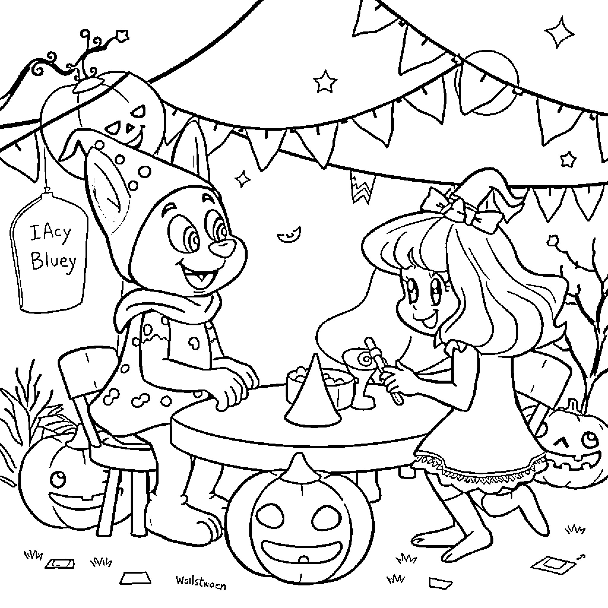 Bluey's Halloween Party with Friends Coloring Page (free black-and-white line drawing printable PDF for all, from beginners to advanced learners, including children, teens, adults, and seniors)