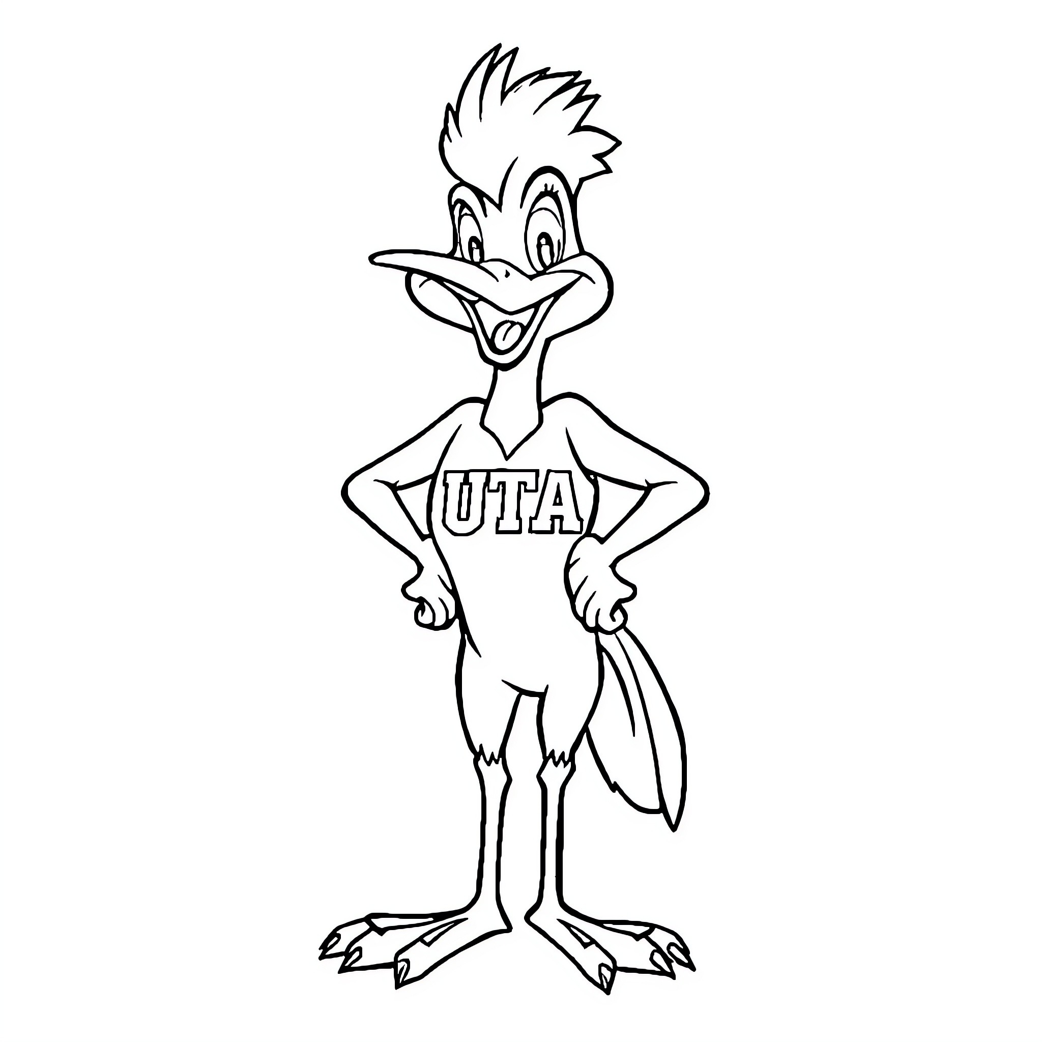 Roadrunner character with UTA logo Coloring Page (free black-and-white line drawing printable PDF for all, from beginners to advanced learners, including children, teens, adults, and seniors)