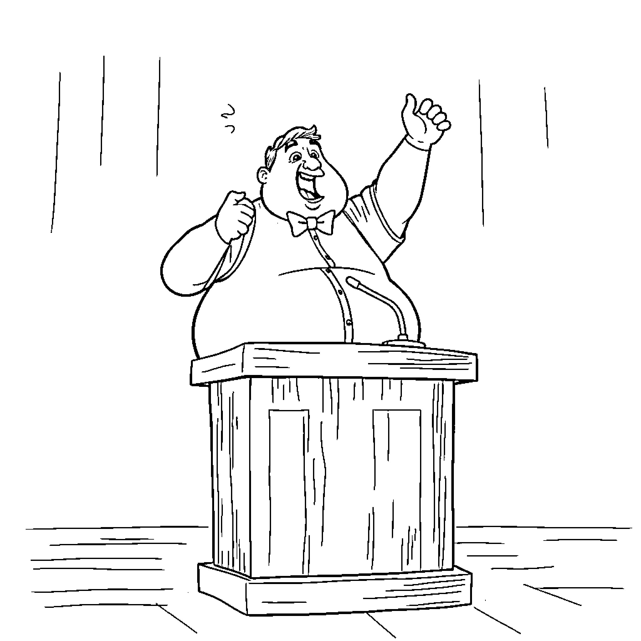Auctioneer enthusiastically conducting an auction Coloring Page (free black-and-white line drawing printable PDF for all, from beginners to advanced learners, including children, teens, adults, and seniors)