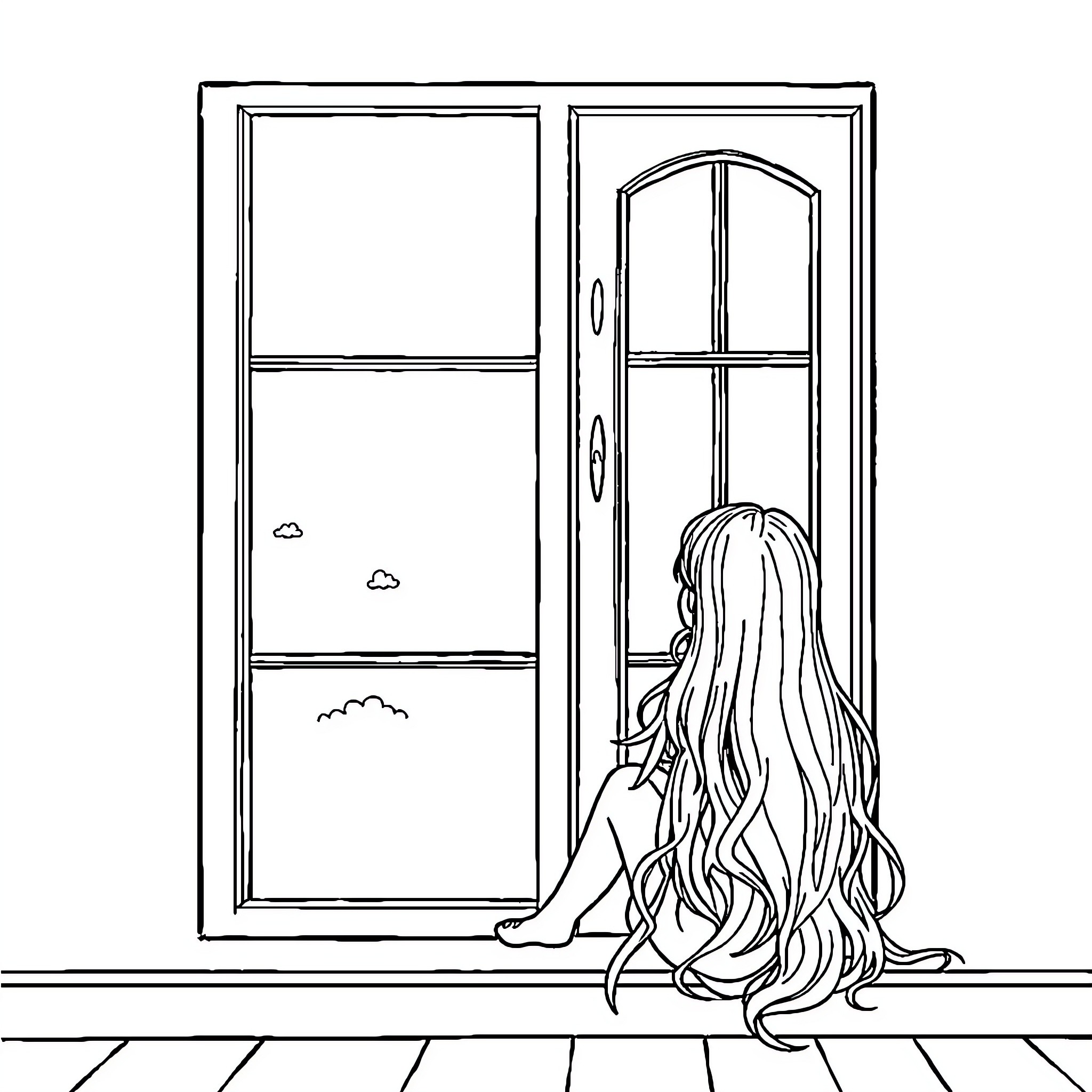 Girl gazing out window at nature Coloring Page (free black-and-white line drawing printable PDF for all, from beginners to advanced learners, including children, teens, adults, and seniors)