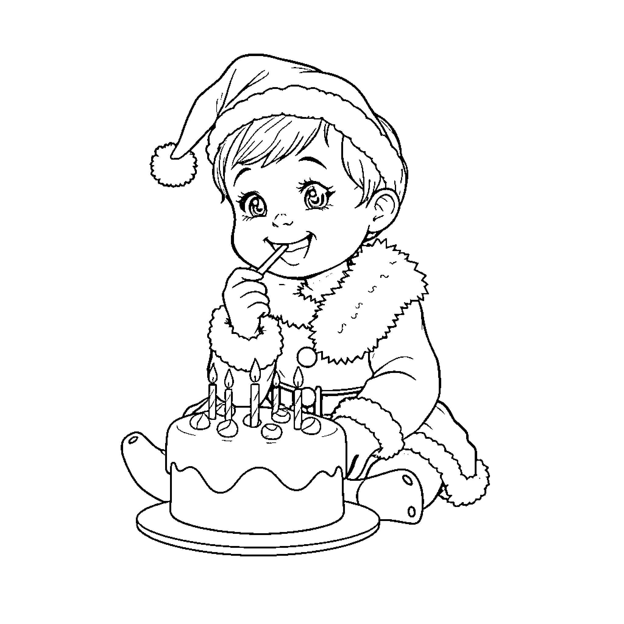 Baby Boy Celebrating Birthday with Cake Coloring Page (free black-and-white line drawing printable PDF for all, from beginners to advanced learners, including children, teens, adults, and seniors)