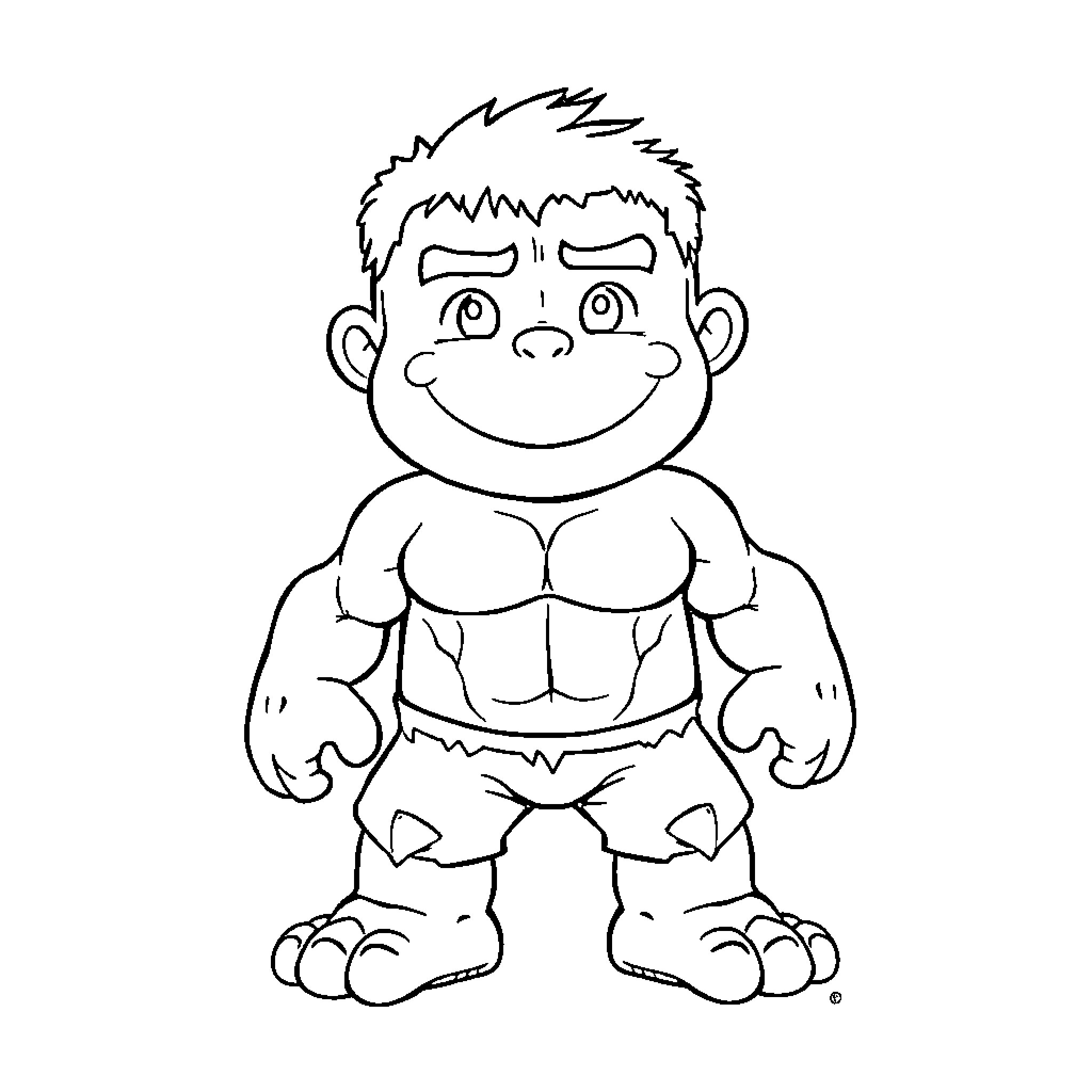 Hulk smiling confidently in action pose Coloring Page (free black-and-white line drawing printable PDF for all, from beginners to advanced learners, including children, teens, adults, and seniors)
