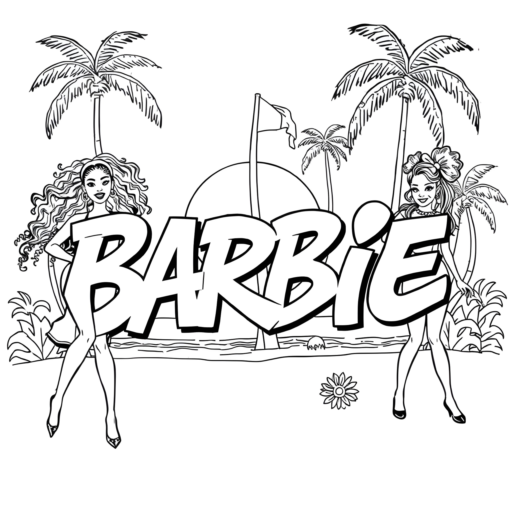 Barbie's Beach Party Coloring Page (free black-and-white line drawing printable PDF for all, from beginners to advanced learners, including children, teens, adults, and seniors)