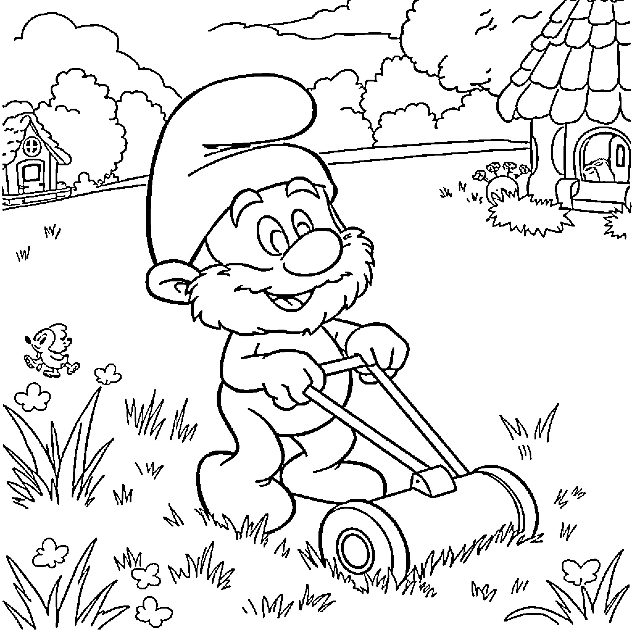 Papa Smurf Gardening in the Countryside Coloring Page (free black-and-white line drawing printable PDF for all, from beginners to advanced learners, including children, teens, adults, and seniors)