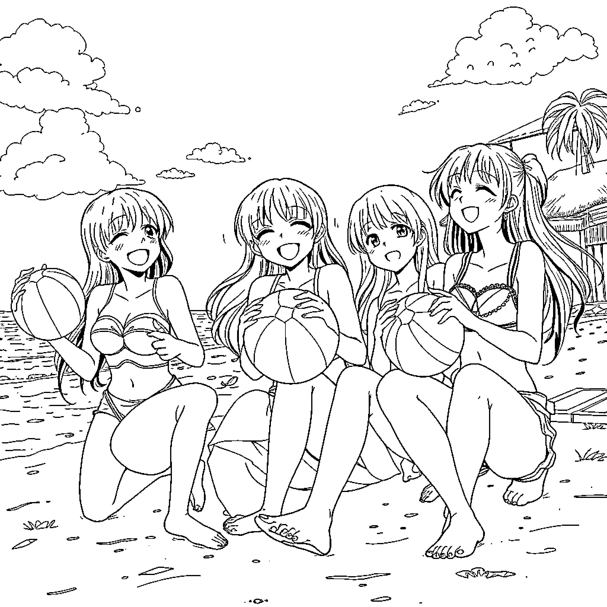 Anime Girls Enjoying Beach Day Together Coloring Page (free black-and-white line drawing printable PDF for all, from beginners to advanced learners, including children, teens, adults, and seniors)