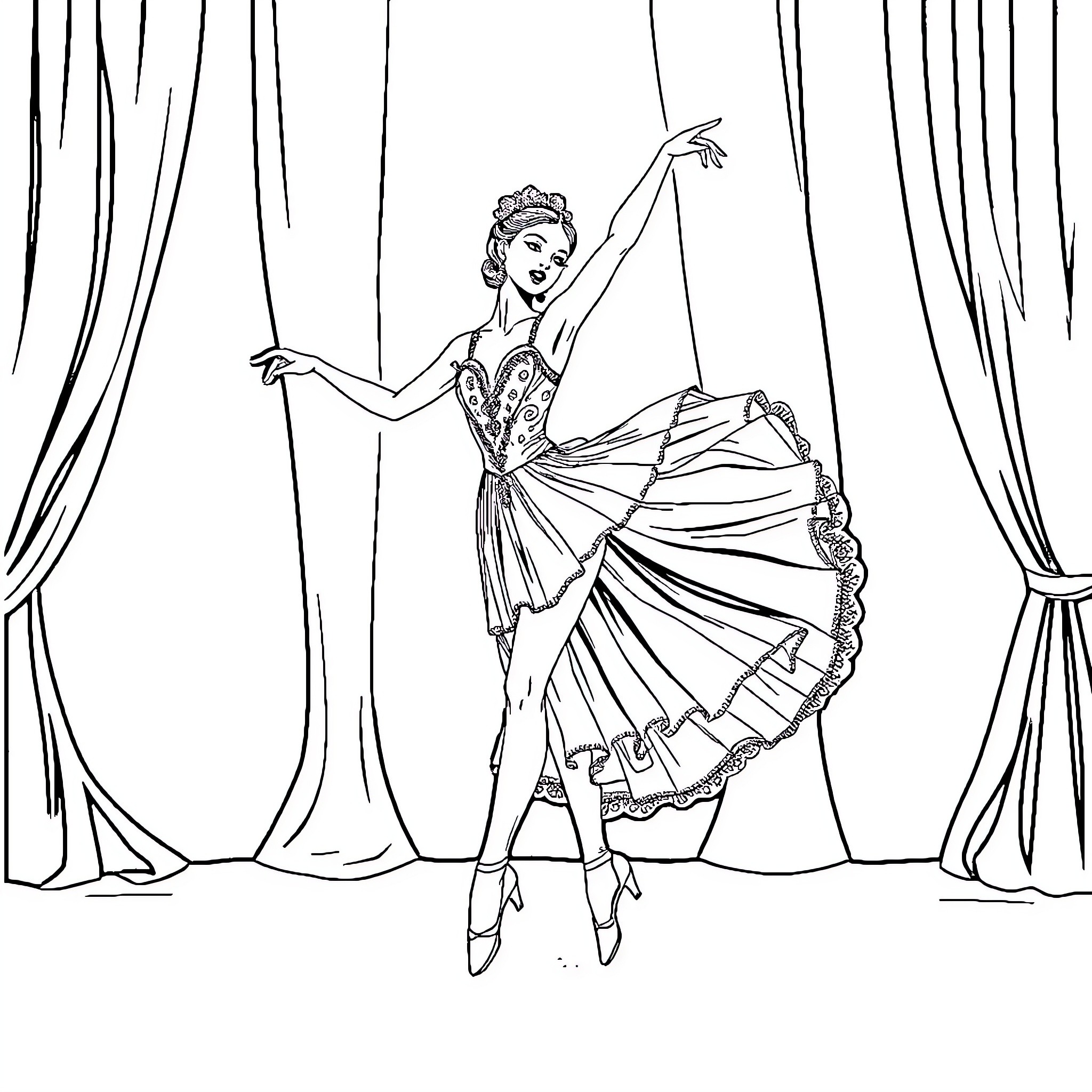 Ballerina Gracefully Performing on Stage Coloring Page (free black-and-white line drawing printable PDF for all, from beginners to advanced learners, including children, teens, adults, and seniors)