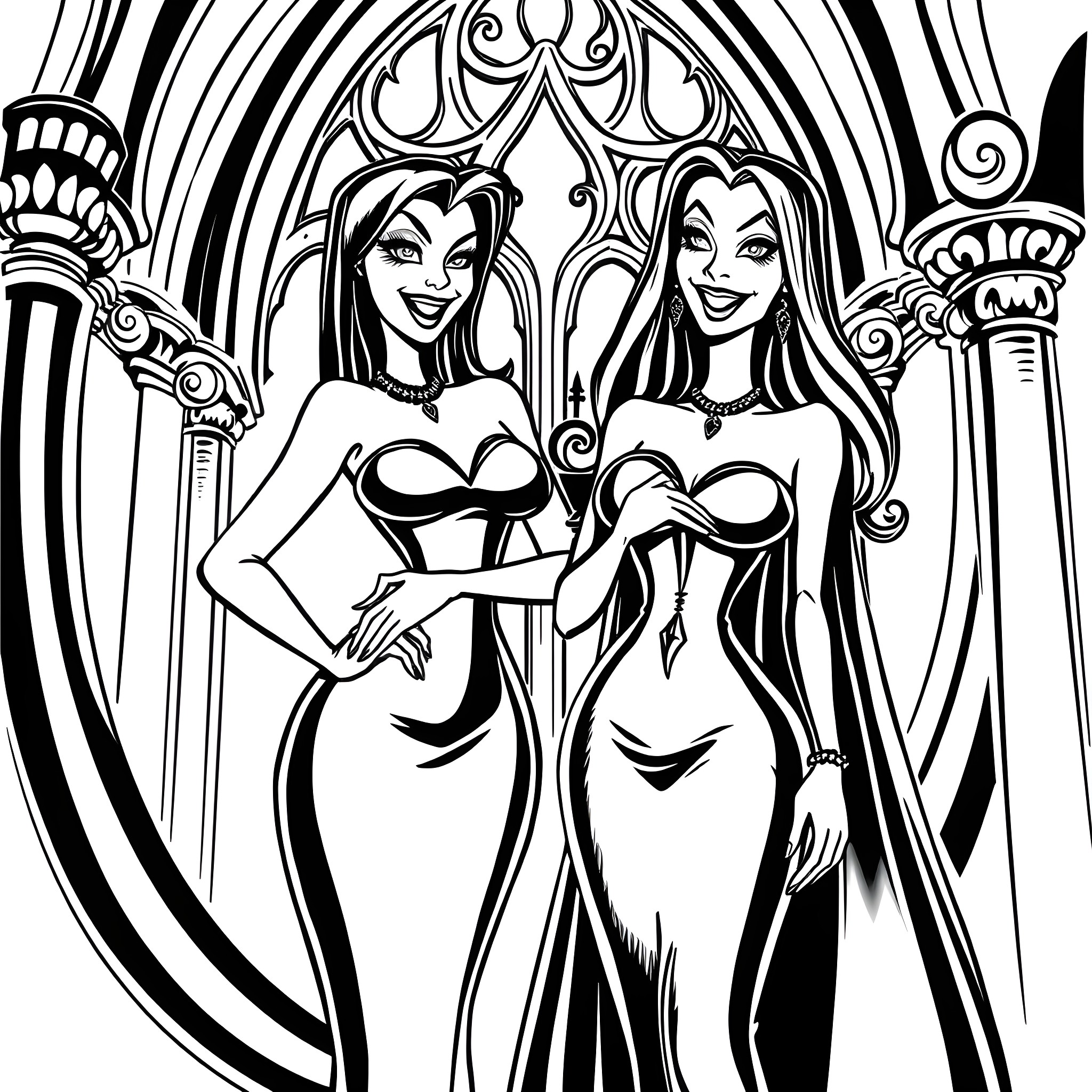 Elvira and her Companion in Elegant Dresses Coloring Page (free black-and-white line drawing printable PDF for all, from beginners to advanced learners, including children, teens, adults, and seniors)