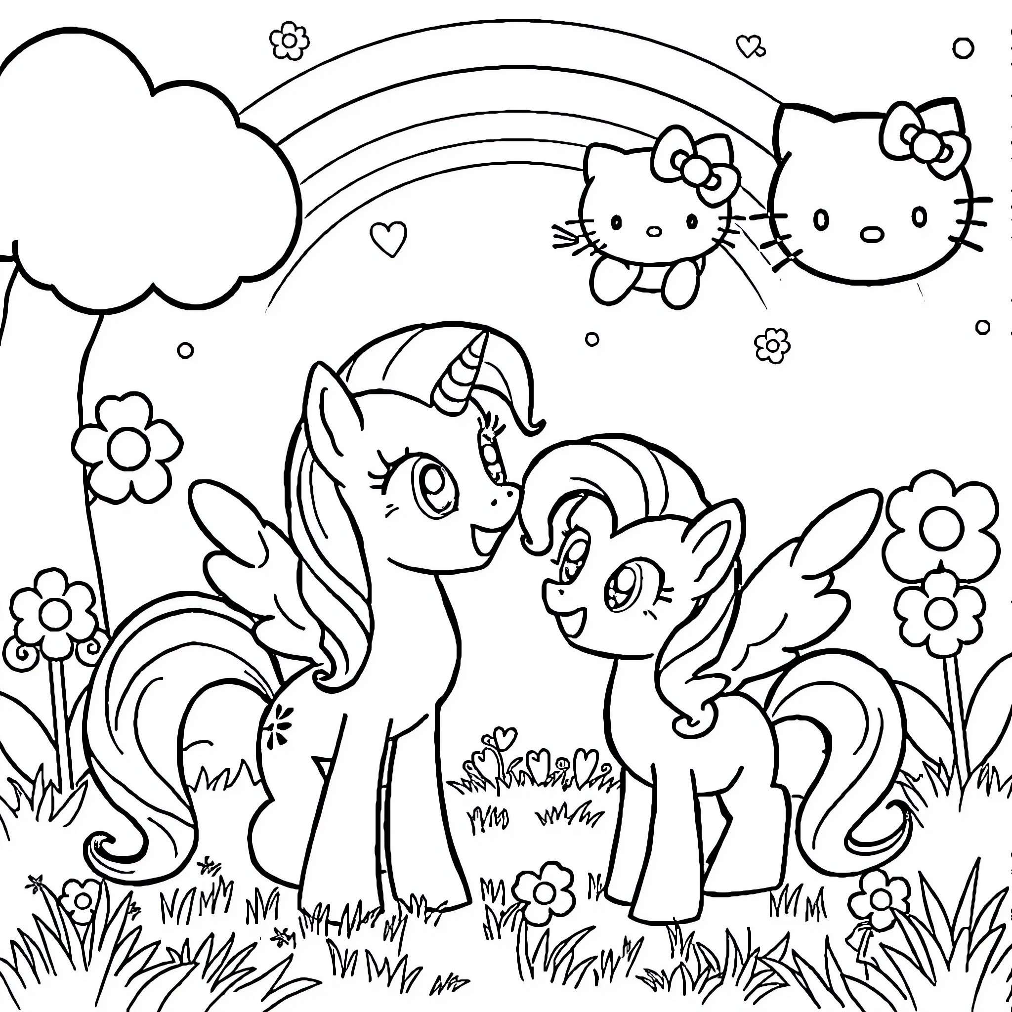 My Little Pony Friends Explore a Colorful Meadow Coloring Page (free black-and-white line drawing printable PDF for all, from beginners to advanced learners, including children, teens, adults, and seniors)