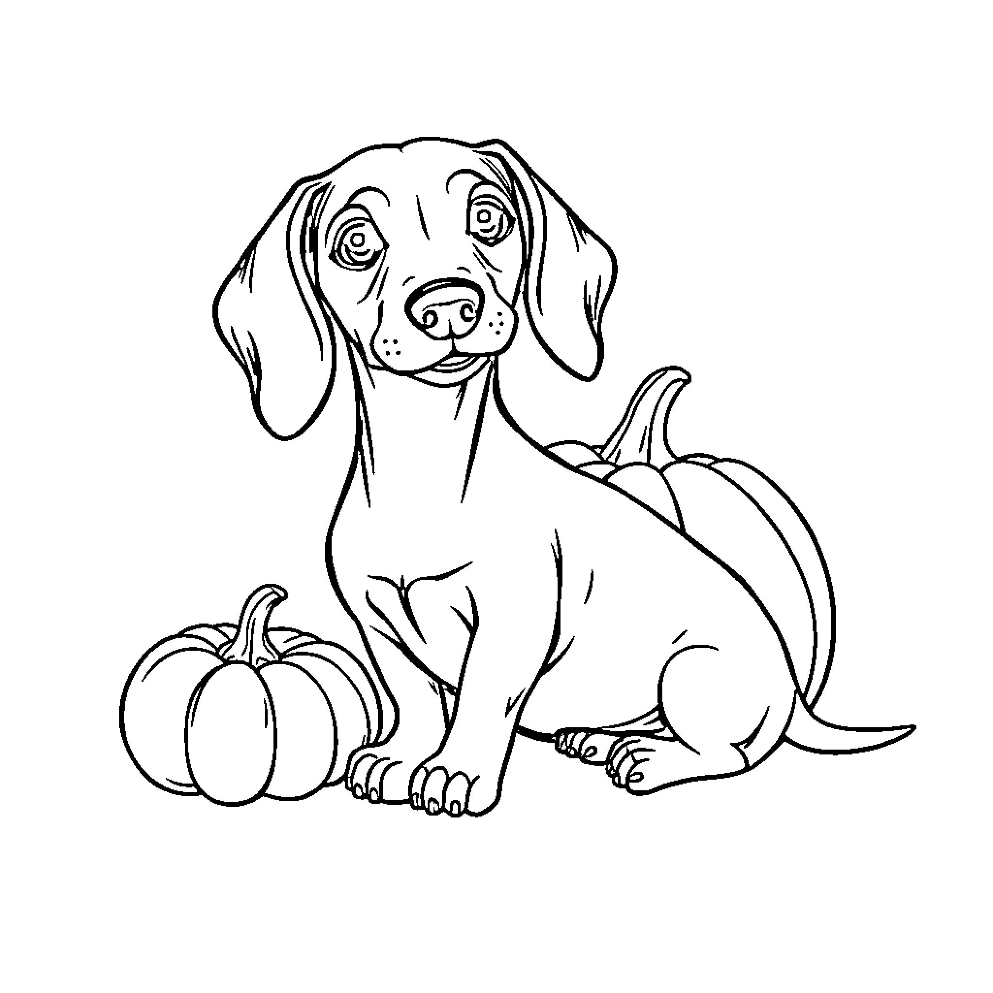 Wiener Dog with Pumpkins Coloring Page (free black-and-white line drawing printable PDF for all, from beginners to advanced learners, including children, teens, adults, and seniors)