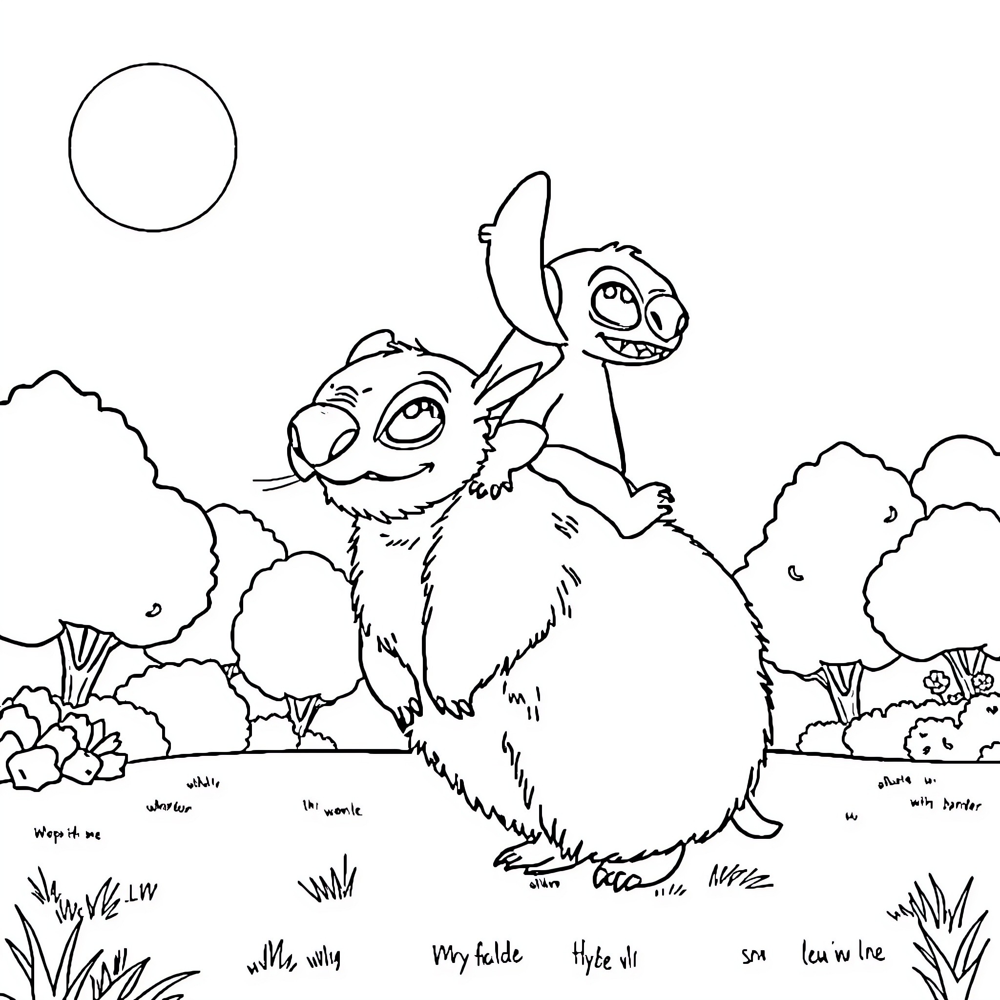 Stitch riding on a furry creature in the outdoors Coloring Page (free black-and-white line drawing printable PDF for all, from beginners to advanced learners, including children, teens, adults, and seniors)