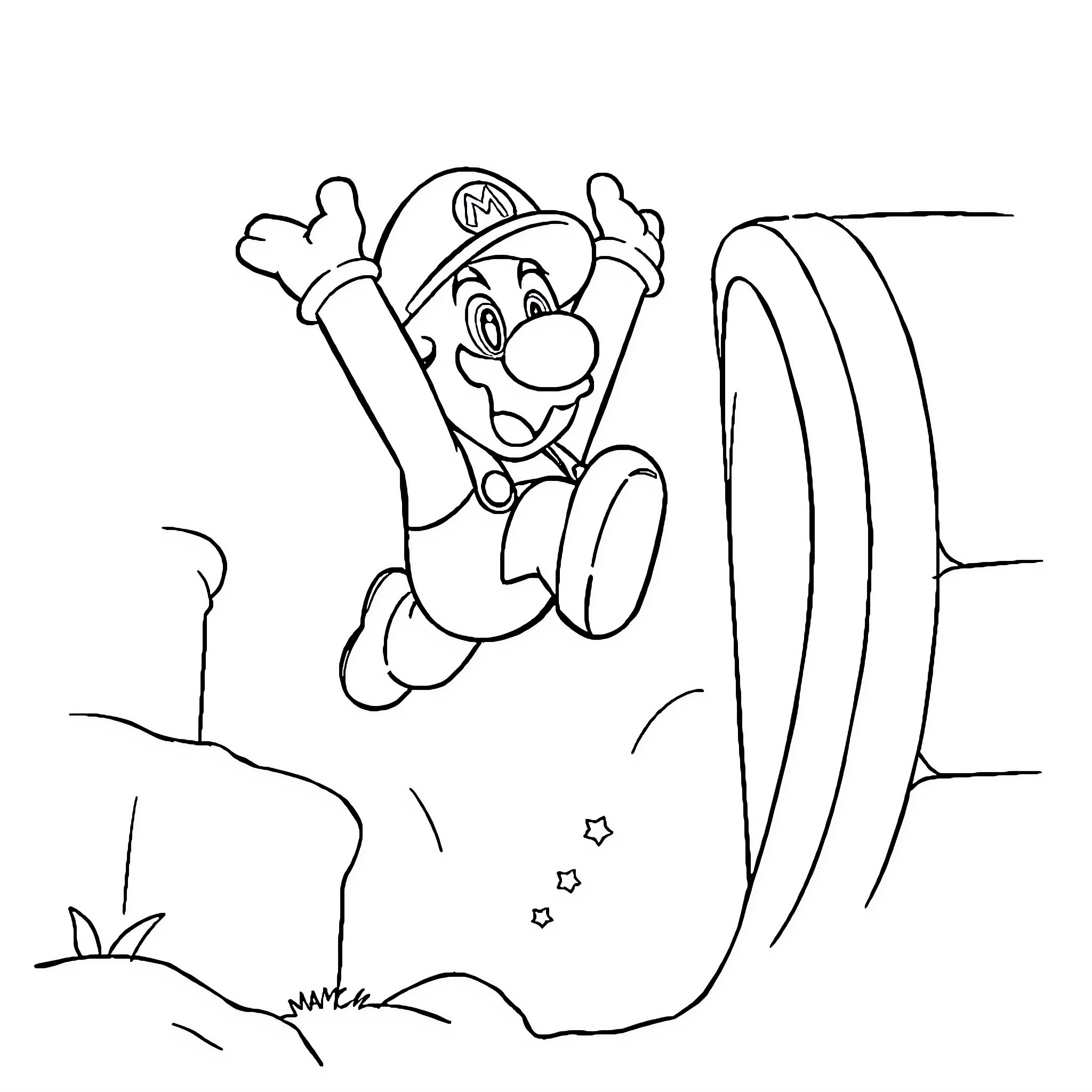 Mario jumping excitedly in a scene Coloring Page (free black-and-white line drawing printable PDF for all, from beginners to advanced learners, including children, teens, adults, and seniors)