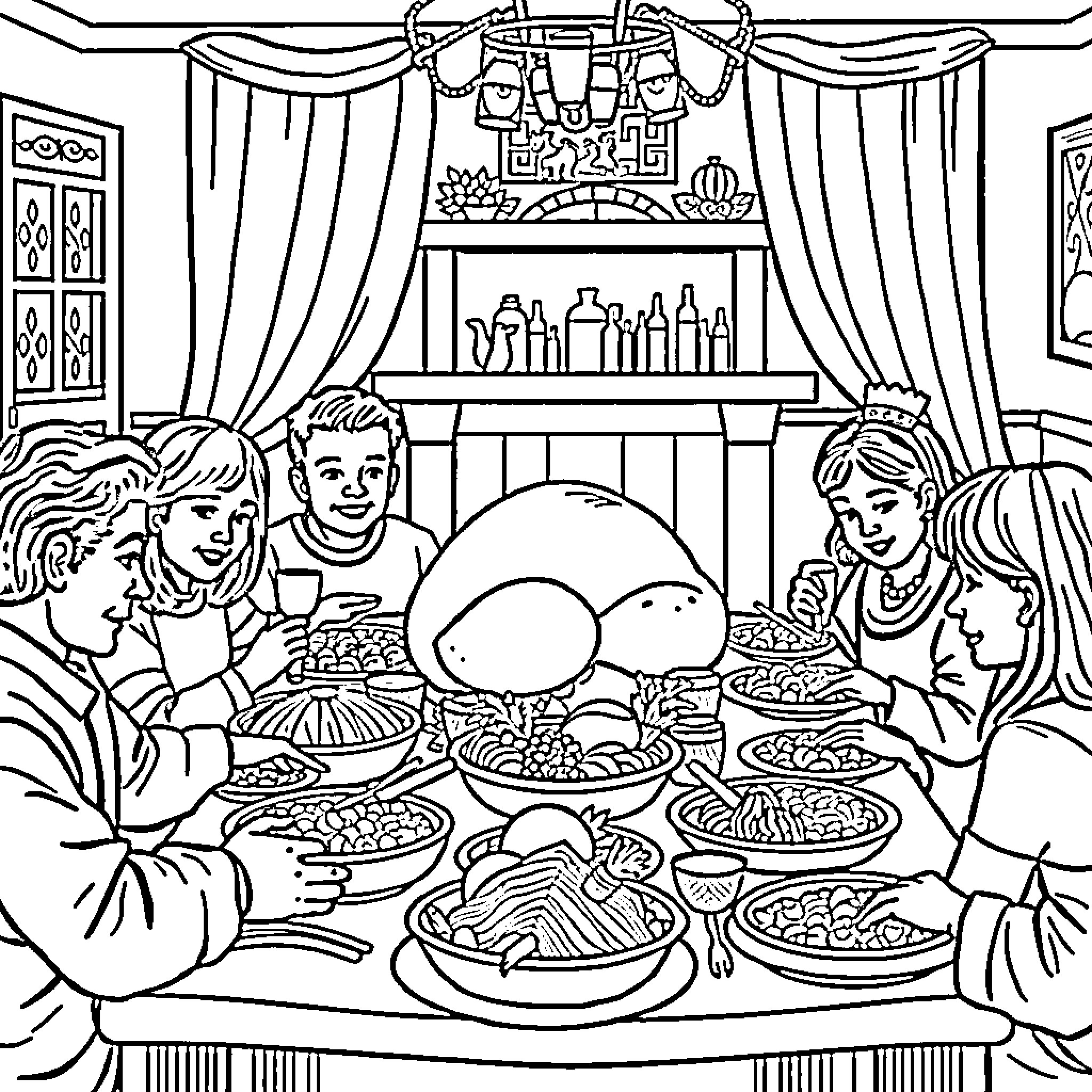 Thanksgiving Family Gathering with Delicious Feast Coloring Page (free black-and-white line drawing printable PDF for all, from beginners to advanced learners, including children, teens, adults, and seniors)