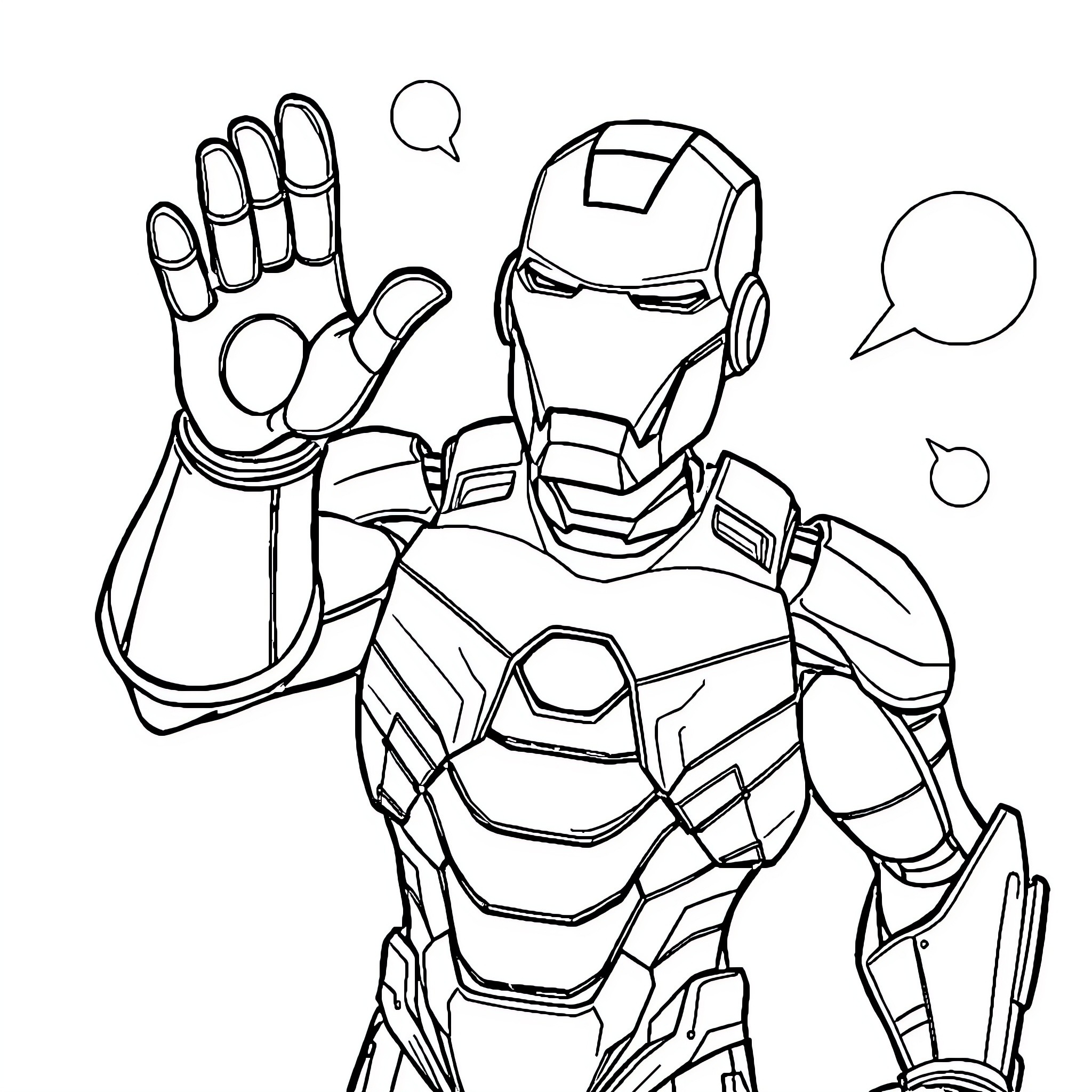 Iron Man Gesturing and Conversing Coloring Page (free black-and-white line drawing printable PDF for all, from beginners to advanced learners, including children, teens, adults, and seniors)